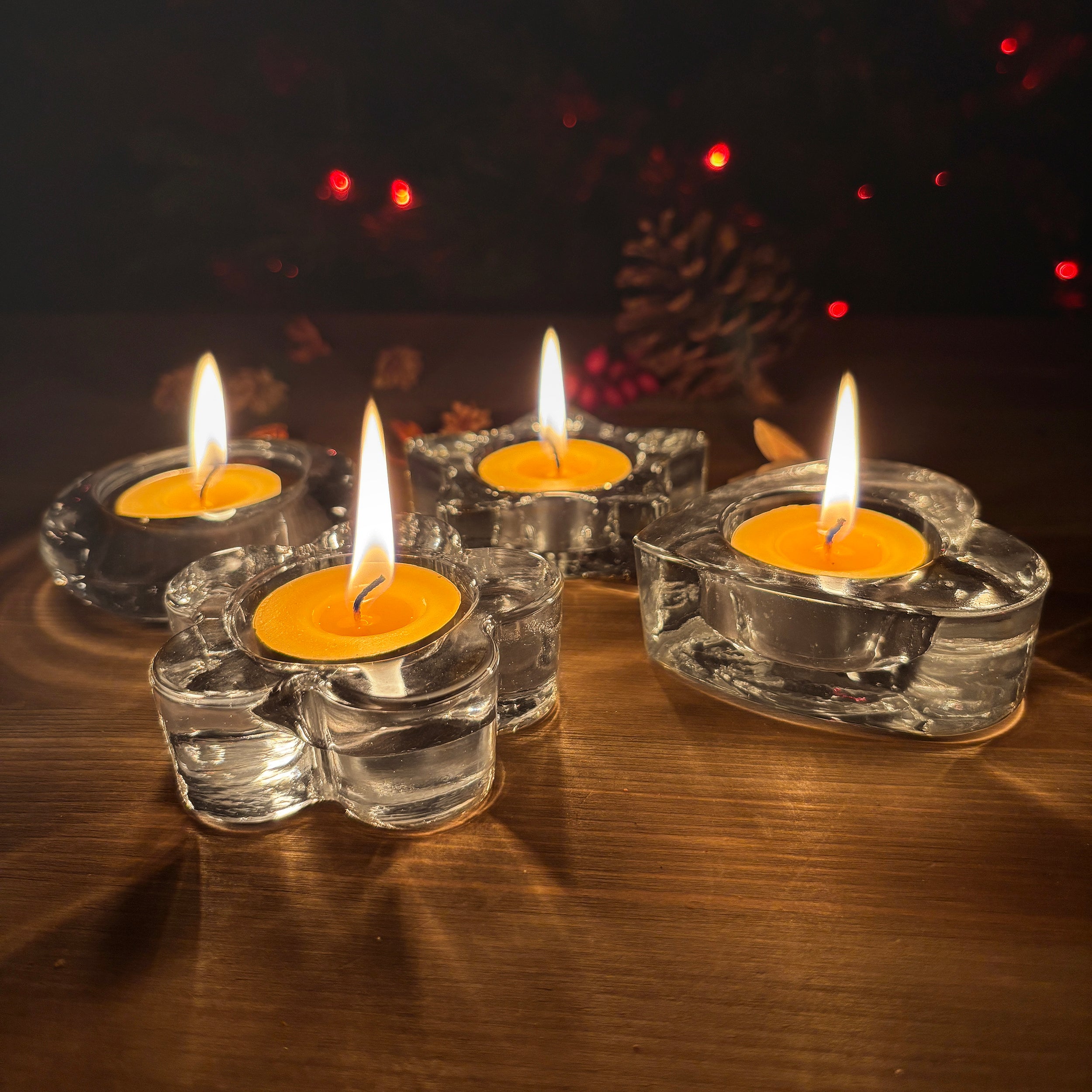 Set of 4 Clear Glass Tealight Holders, Various Shapes, Suitable for 4cm Diameter Tealights Candles