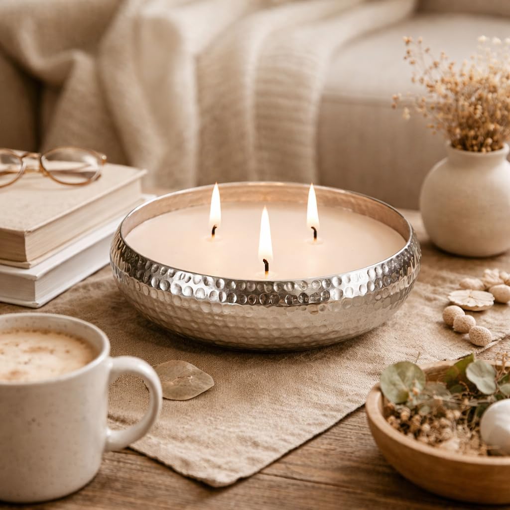 Apple & Cinnamon Luxury Scented Christmas Candle in Hammered Bowl