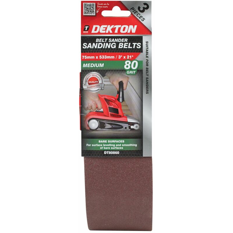 Dekton Belt Sander Sanding Belts 80 Grit 75 x 533mm Pack of 3