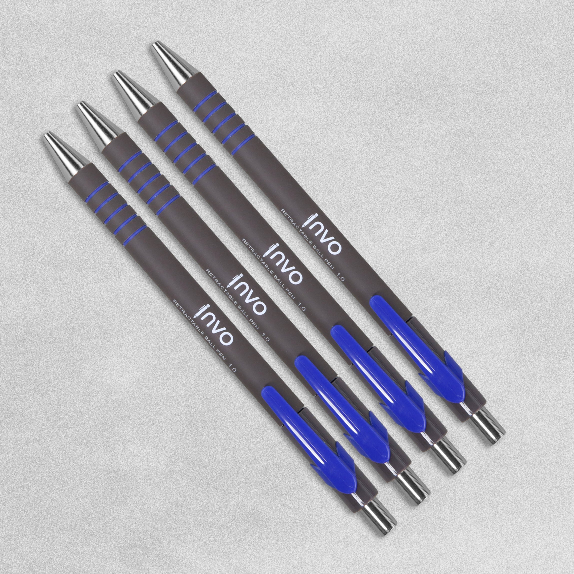 INVO Rubberised Grip Retractable Ballpen Blue Ink - Pack of 4