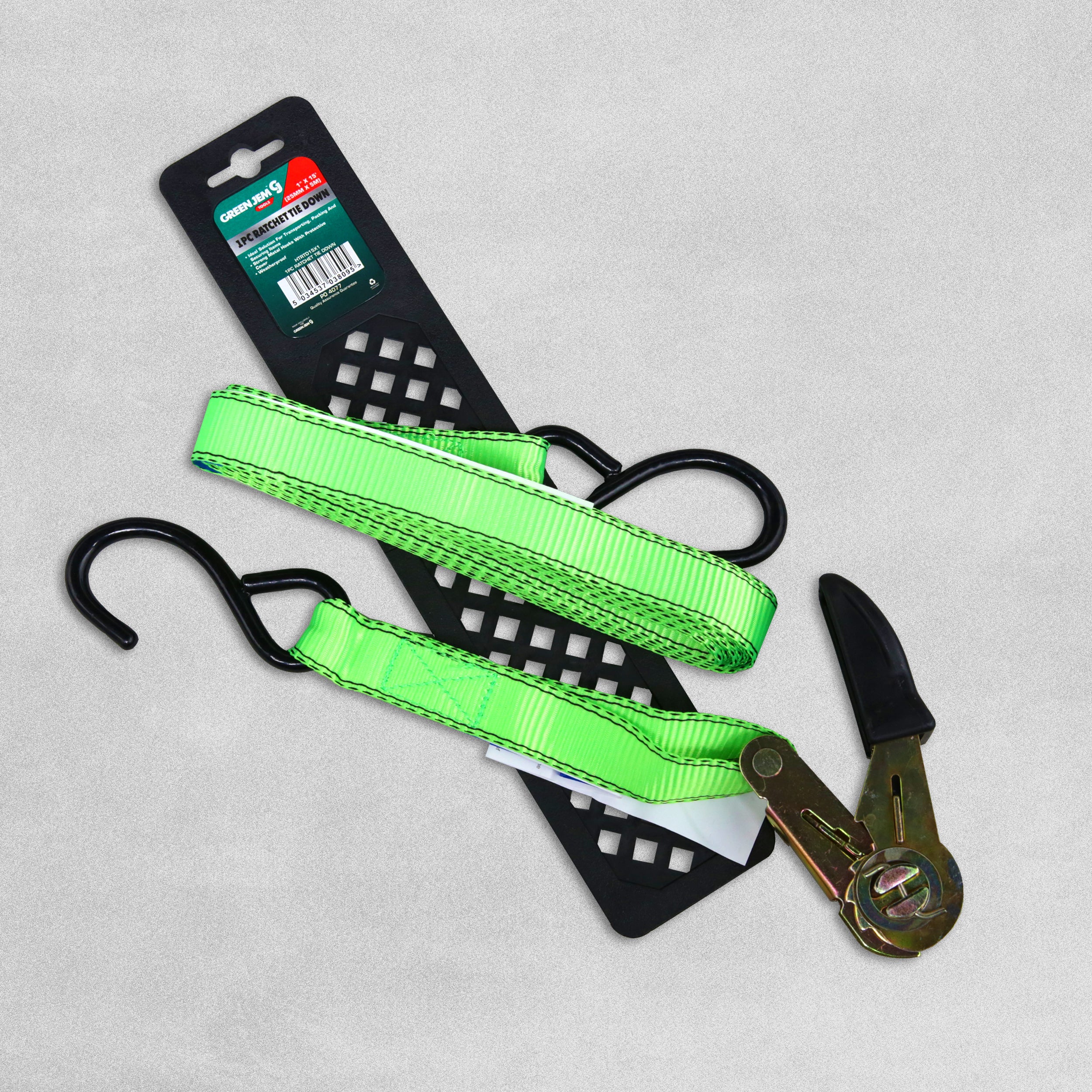 Green Jem Ratchet Tie Down Strap 1" x 15' / 25mm x 5m
