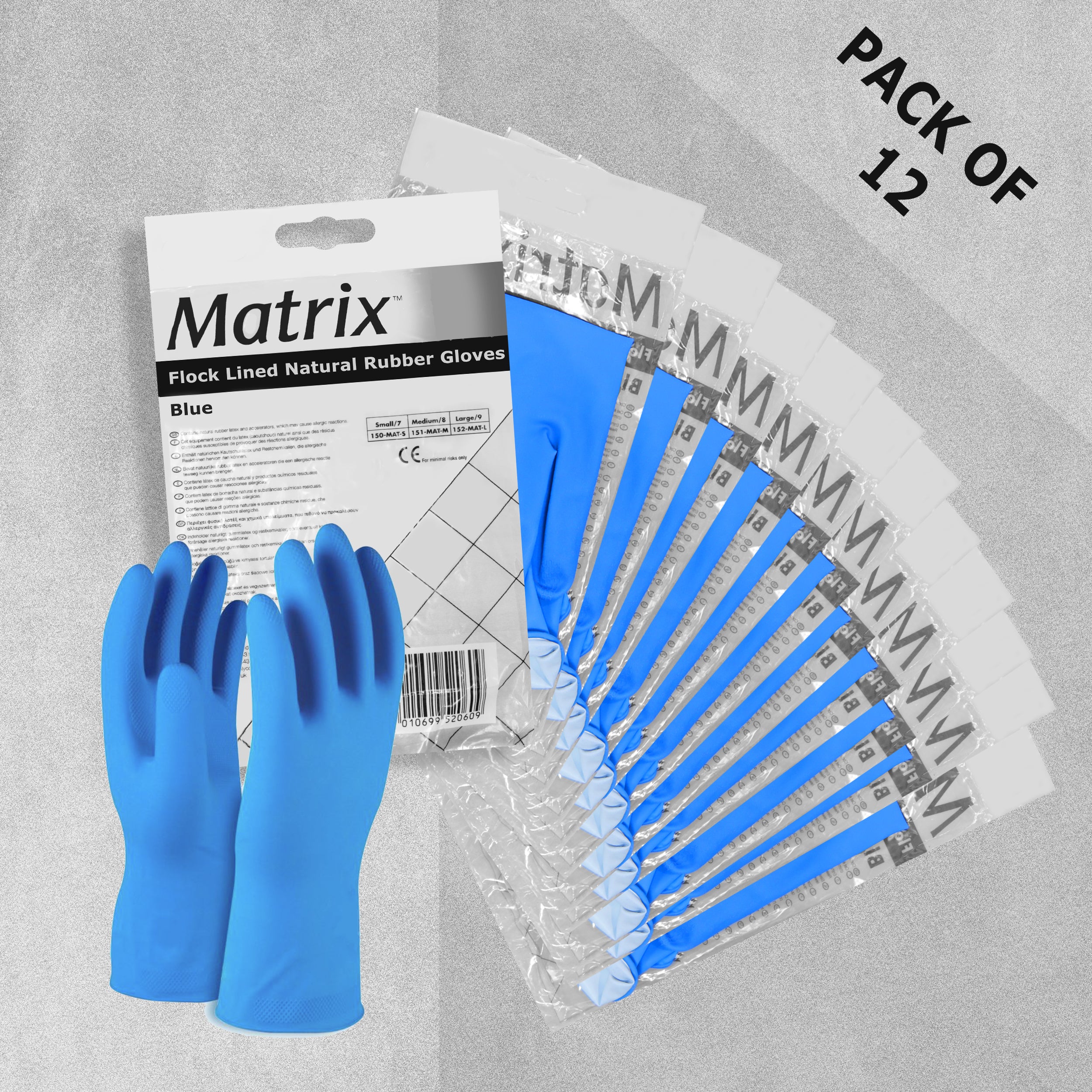 Matrix Flock Lined Natural Rubber Household Gloves Blue Large Size 9 - Pack of 12 Pairs