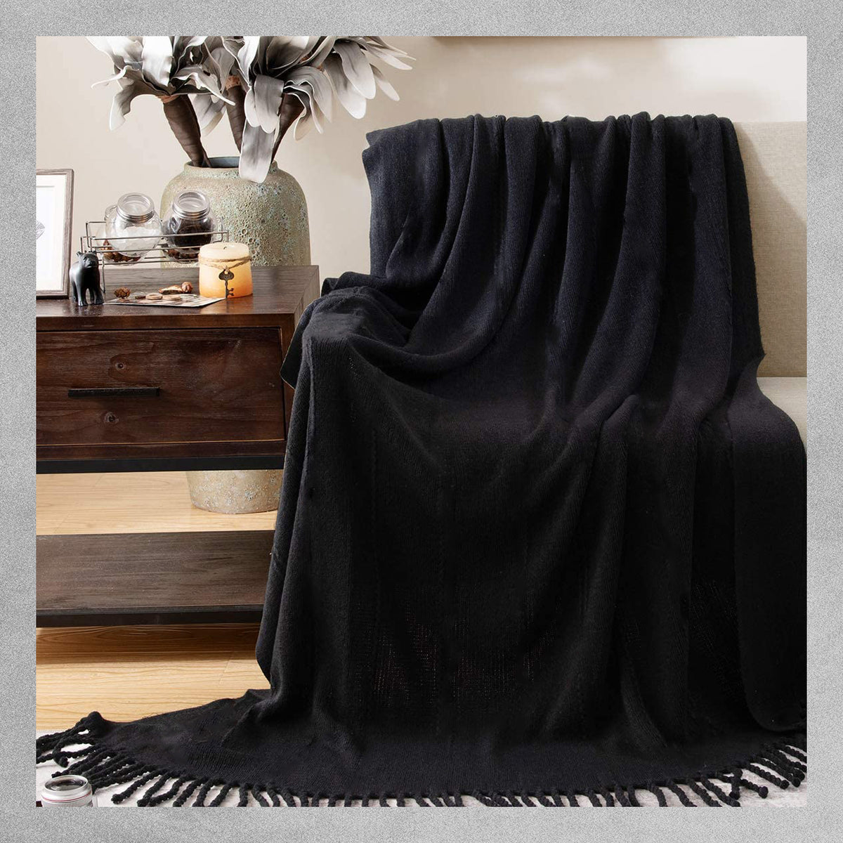 Olivier Pascal Super Soft Cashmere Mix Blanket - Oat Meal / Black