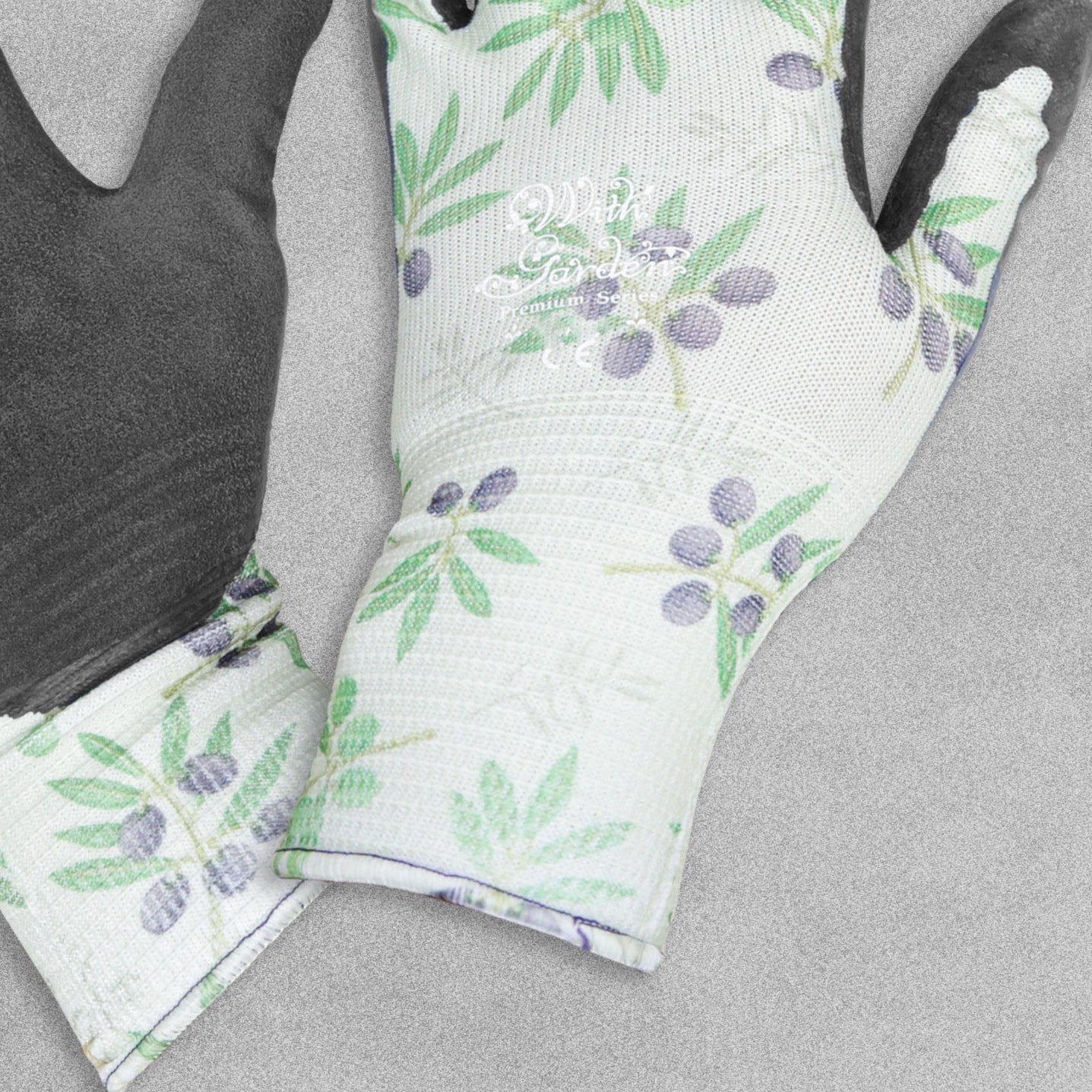 With Garden Premium Luminus Garden gloves - Green Olives design with black nitrile palm