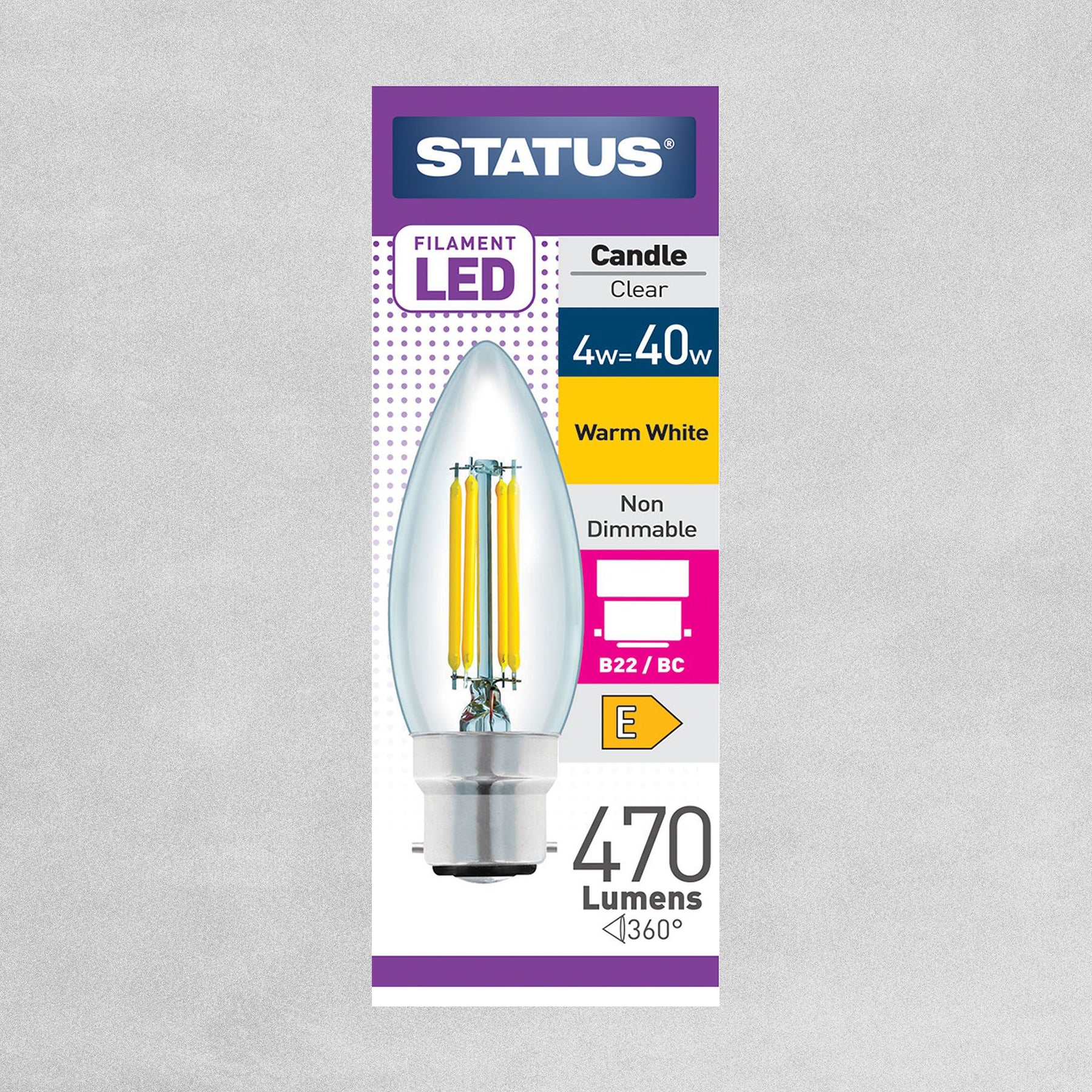 Status Filament LED Candle Clear Bulb B22/BC 4w=40w - Warm White