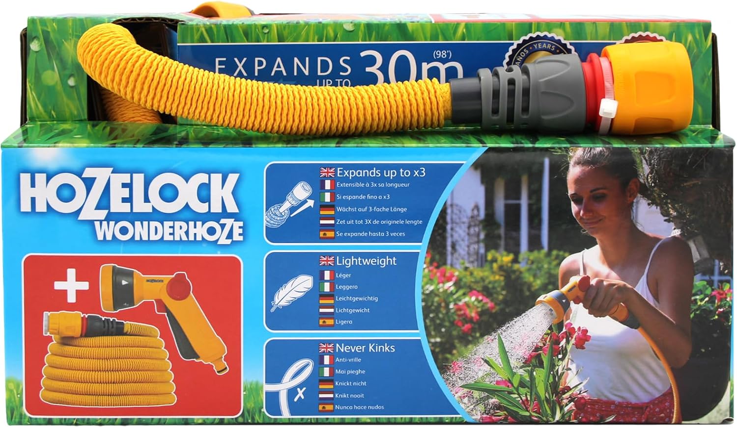 Hozelock - Wonderhoze Expanding Hose 30m with 2 Aquastop Fittings and Multispray Gun