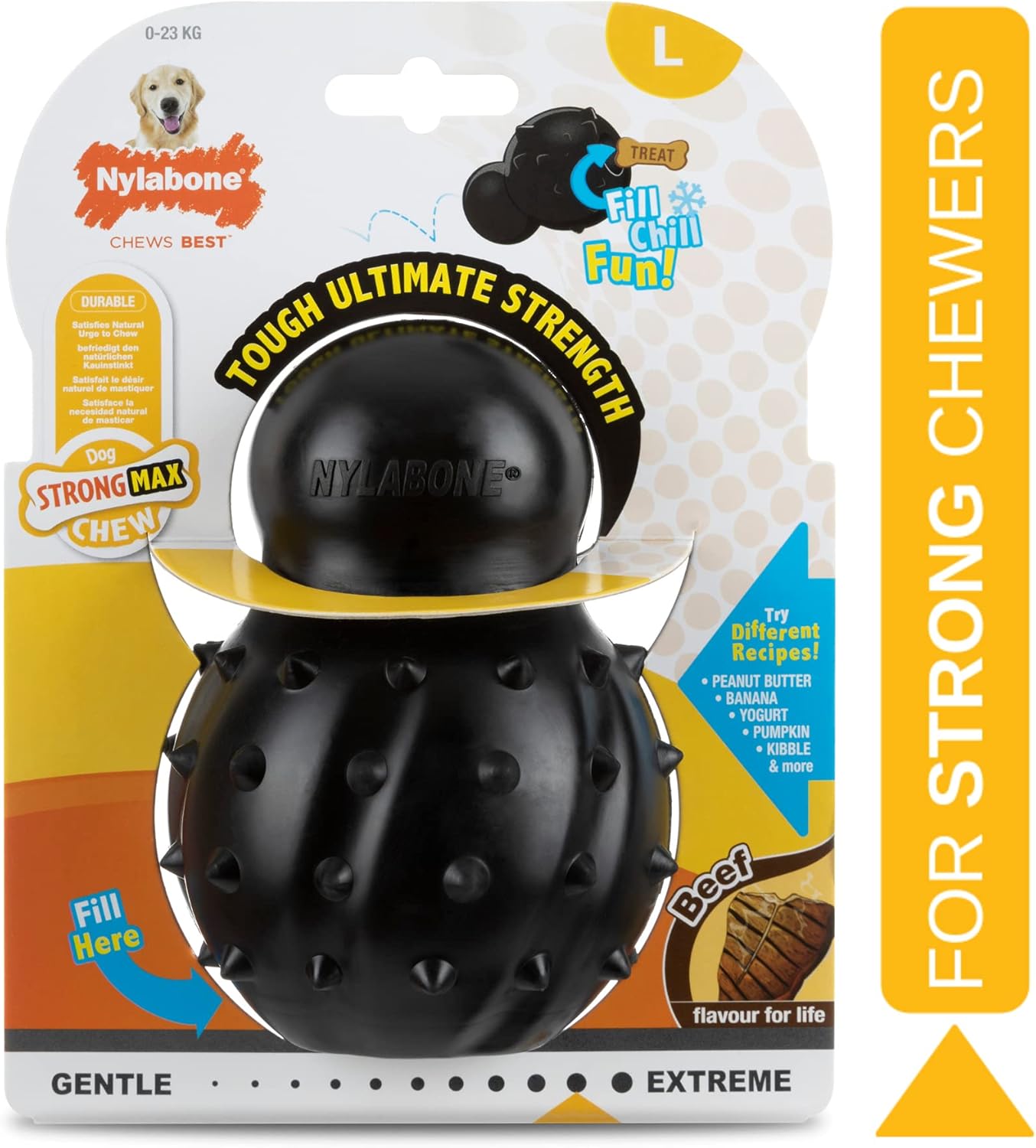 Nylabone Max Strength Rubber Cone Dog Chew Toy, Beef Flavour, Stuff with Treats, Large, for dogs 0-23kg, Black
