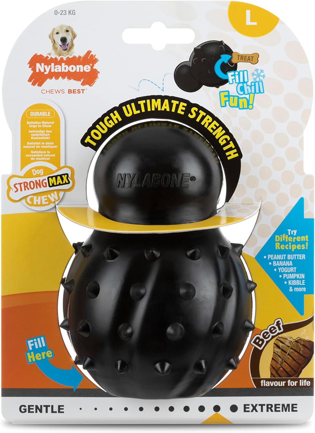 Nylabone Max Strength Rubber Cone Dog Chew Toy, Beef Flavour, Stuff with Treats, Large, for dogs 0-23kg, Black