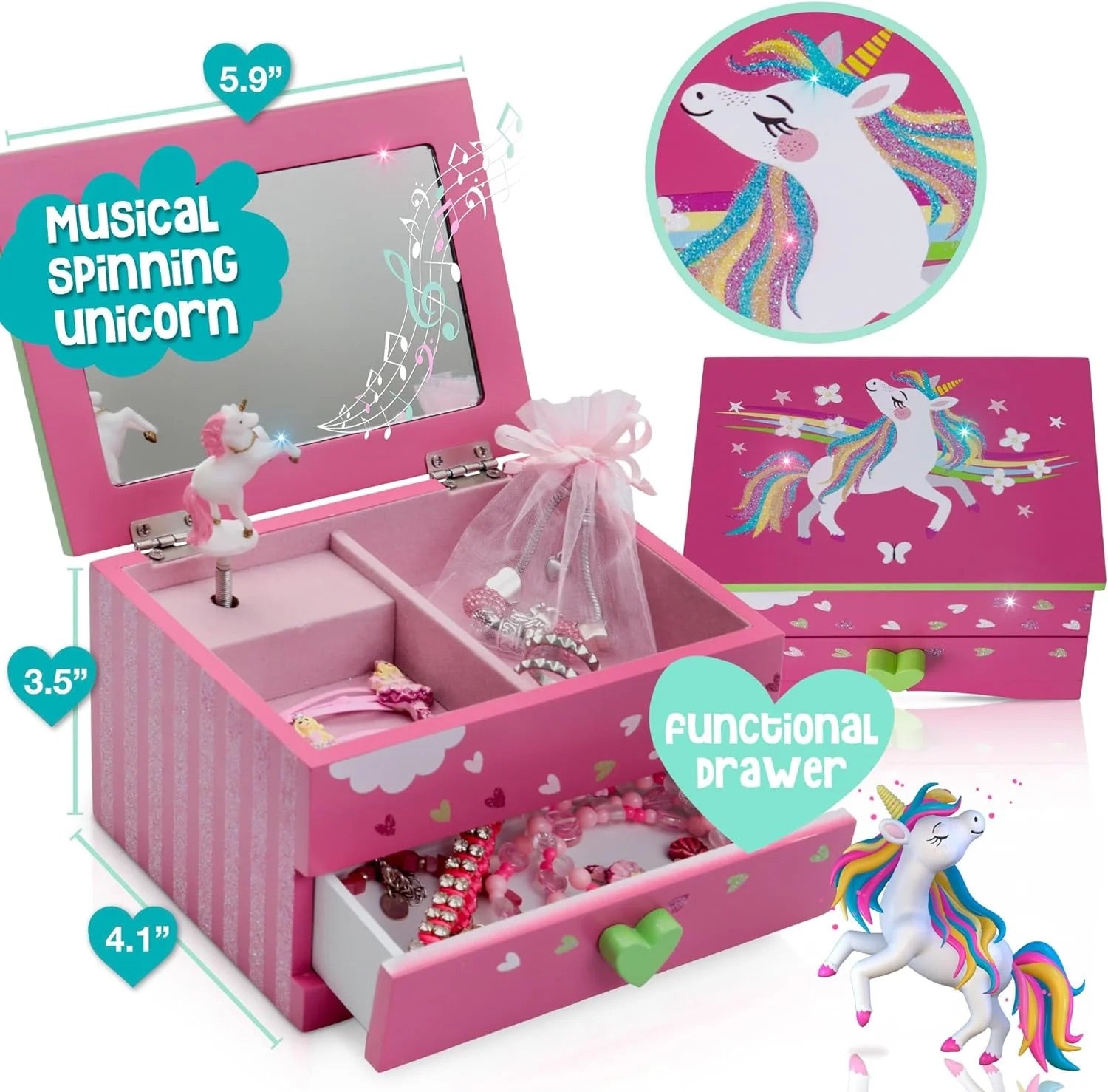 Amitie Lane Unicorn Musical Jewellery Box with Bracelet