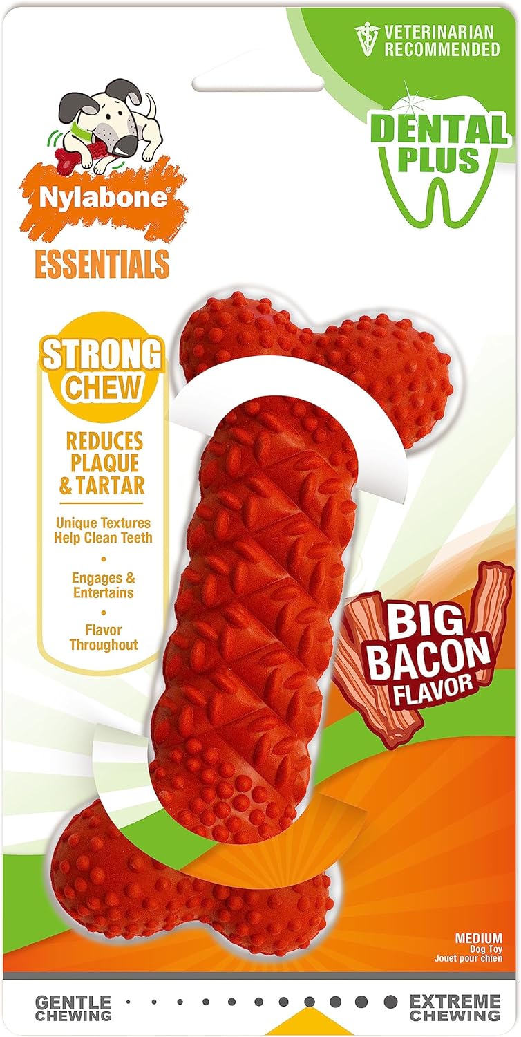 Nylabone Bone Rubber Dental Dog Chew Toy Bacon Flavour - Medium, for Dogs up to 16kg