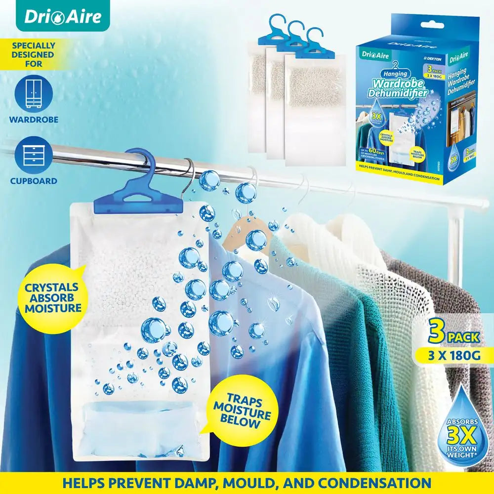 3 Pack Hanging Wardrobe Dehumidifier 180g