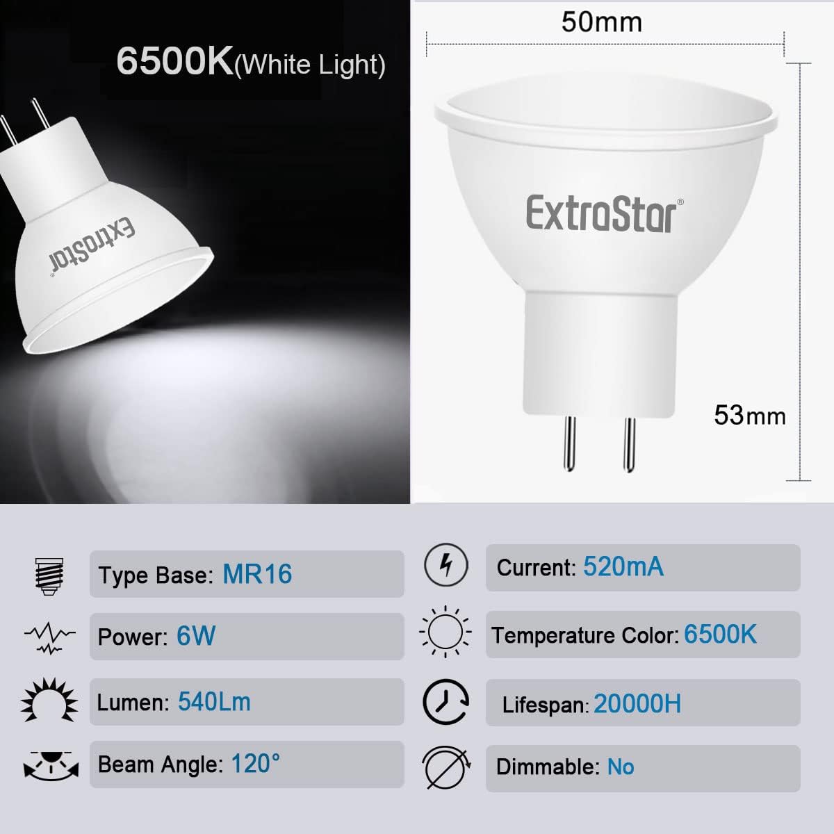 ExtraStar MR16 6W 540lm LED Light Bulb Cool White 6500K