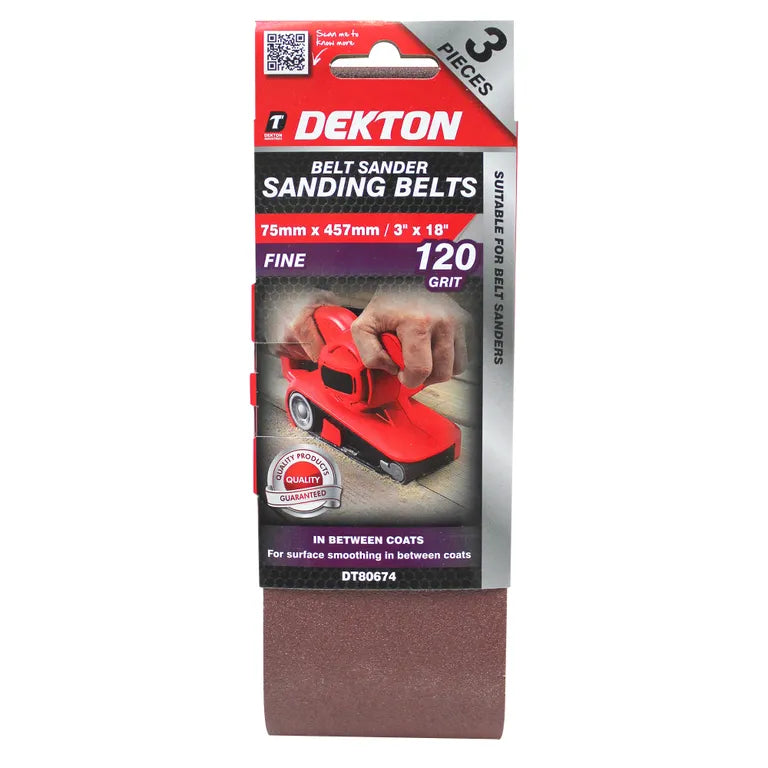 Dekton Belt Sander Sanding Belts 120 Grit 75 x 457mm Pack of 3