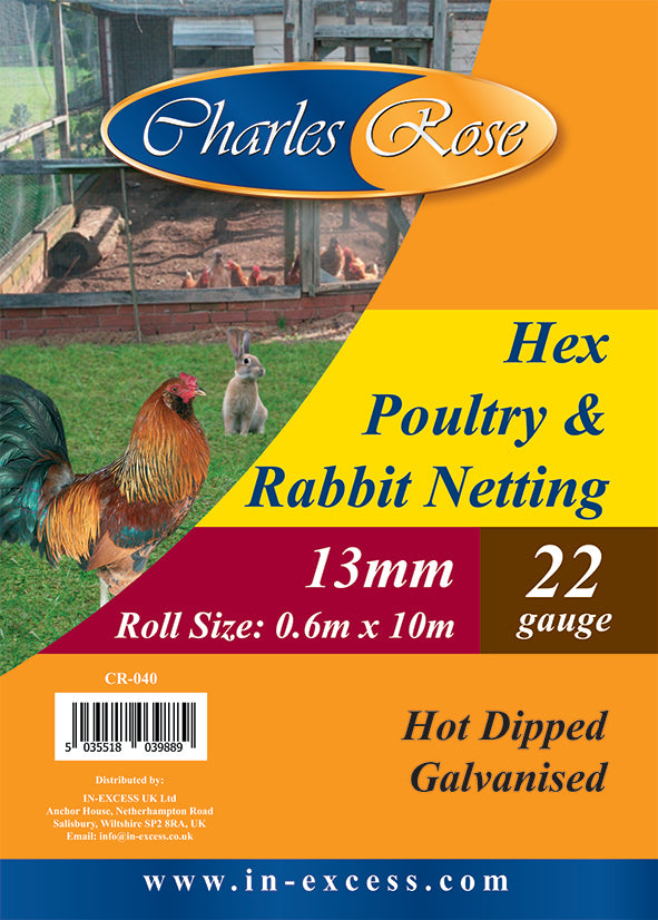 Charles Rose Hex Poultry & Rabbit Netting Galvanised Wire 22 Gauge 13mm Netting - Various Roll Sizes