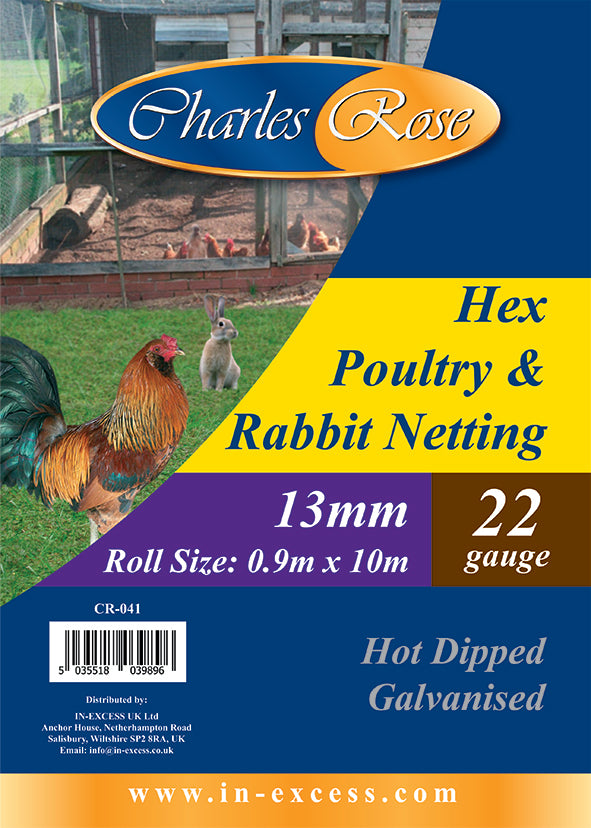Charles Rose Hex Poultry & Rabbit Netting Galvanised Wire 22 Gauge 13mm Netting - Various Roll Sizes