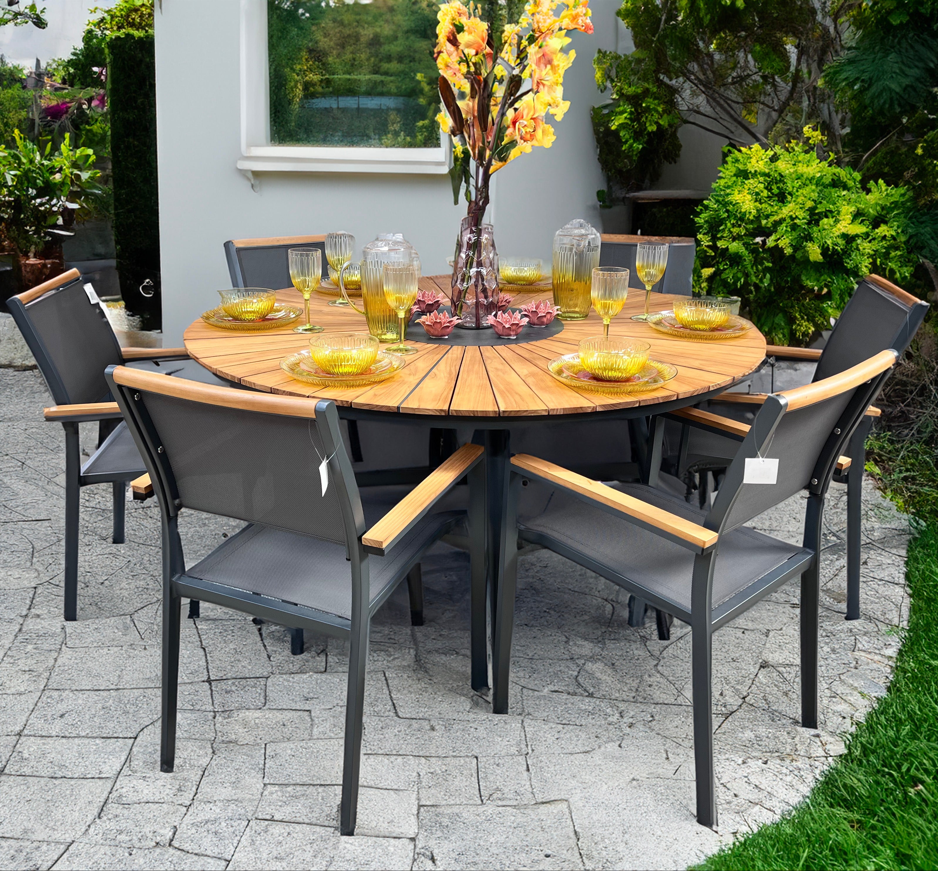 Roule Dining Set 6 Seater in Aluminium and Teak