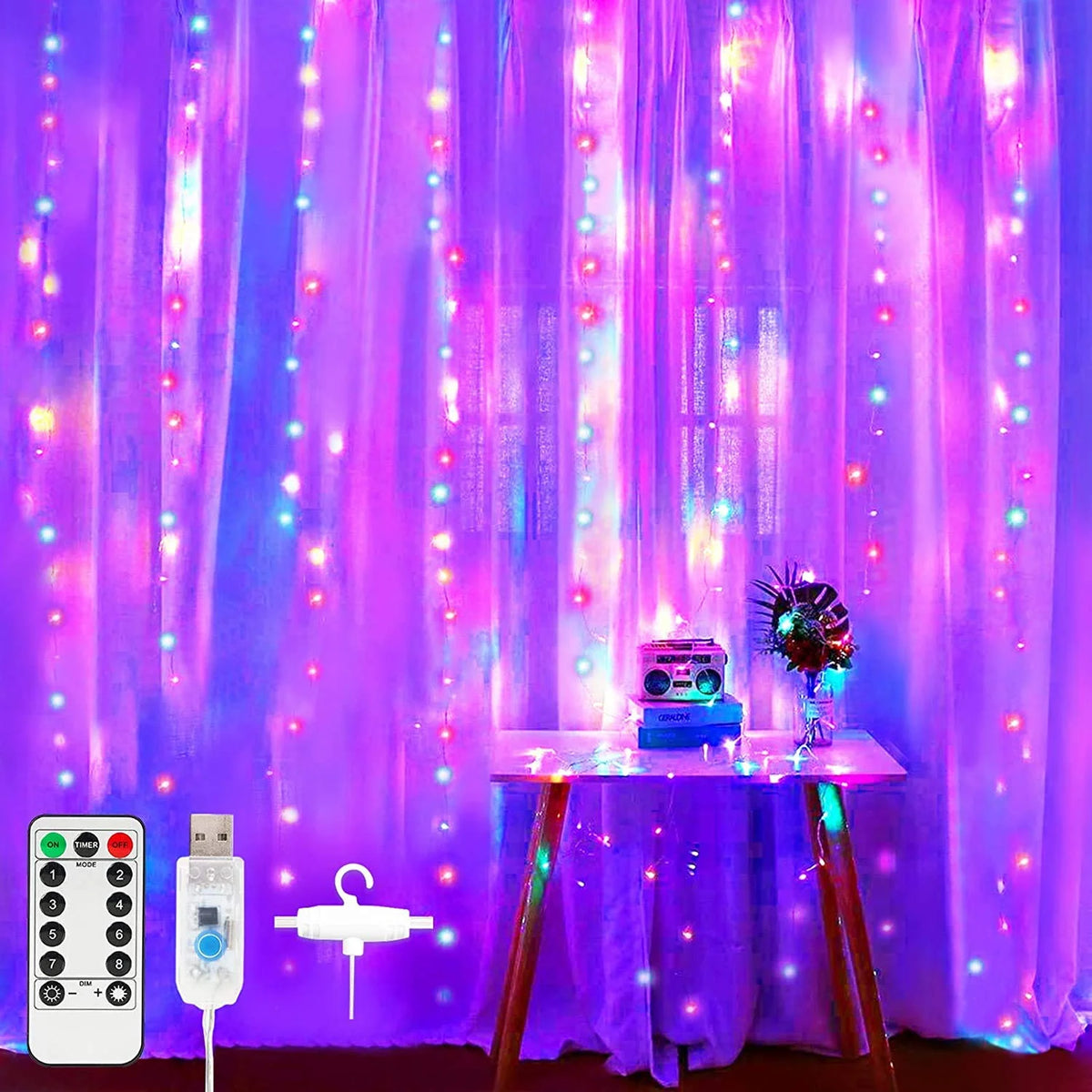 Extra Star USB Copper Light String RGB Led Wire String 2mx2m 200 Led 6 Strips 8 Modes With Remote Control