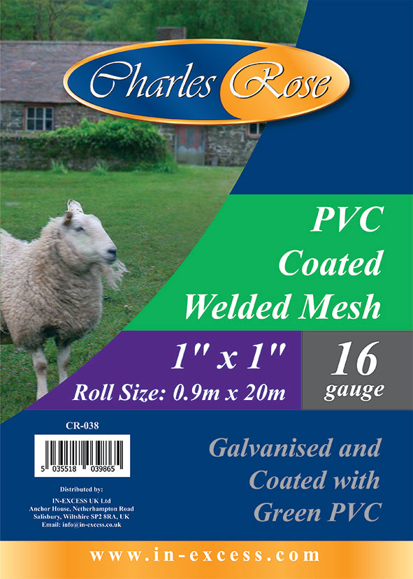 Charles Rose PVC Coated Galvanised Wire Fence Welded 16 Gauge Mesh 1" x 1" - Various Roll Sizes