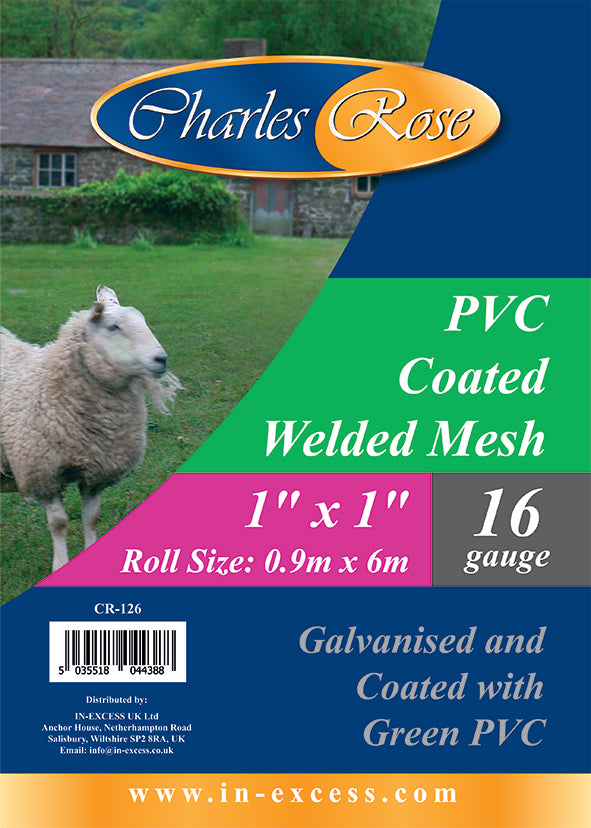 Charles Rose PVC Coated Galvanised Wire Fence Welded 16 Gauge Mesh 1" x 1" - Various Roll Sizes