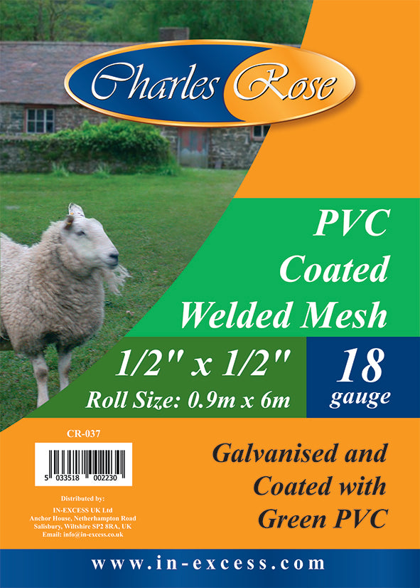 Charles Rose PVC Coated Galvanised Wire Fence Welded 18 Gauge Mesh 1/2" x 1/2" 0.9 x 6m Roll