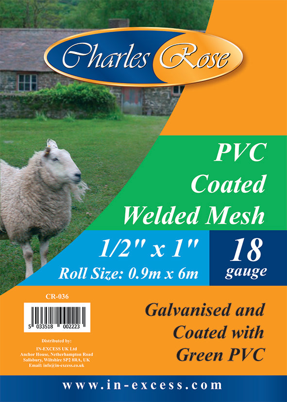 Charles Rose PVC Coated Galvanised Wire Fence Welded 18 Gauge Mesh 1/2" x 1" 0.9 x 6m Roll
