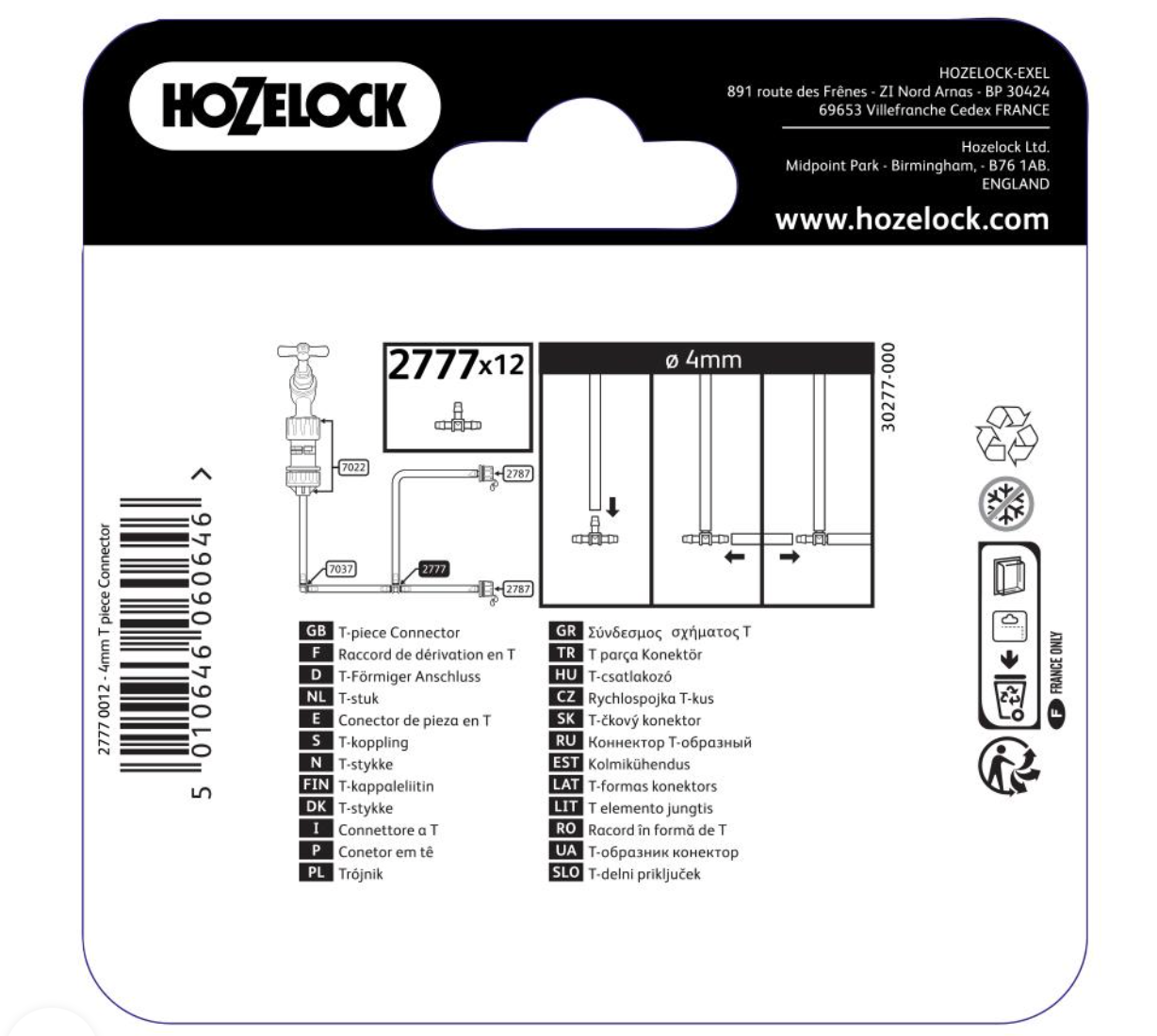 Hozelock 2777 T Piece Connectors 4mm - Pack of 12