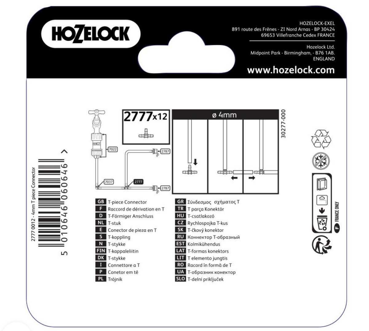 Hozelock 2777 T Piece Connectors 4mm - Pack of 10