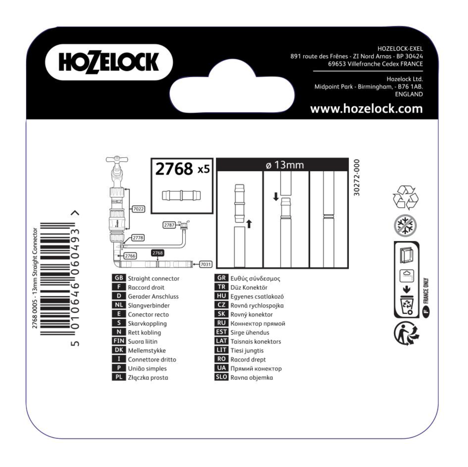 Hozelock 2768 Straight Connector Piece 13mm - Pack of 2