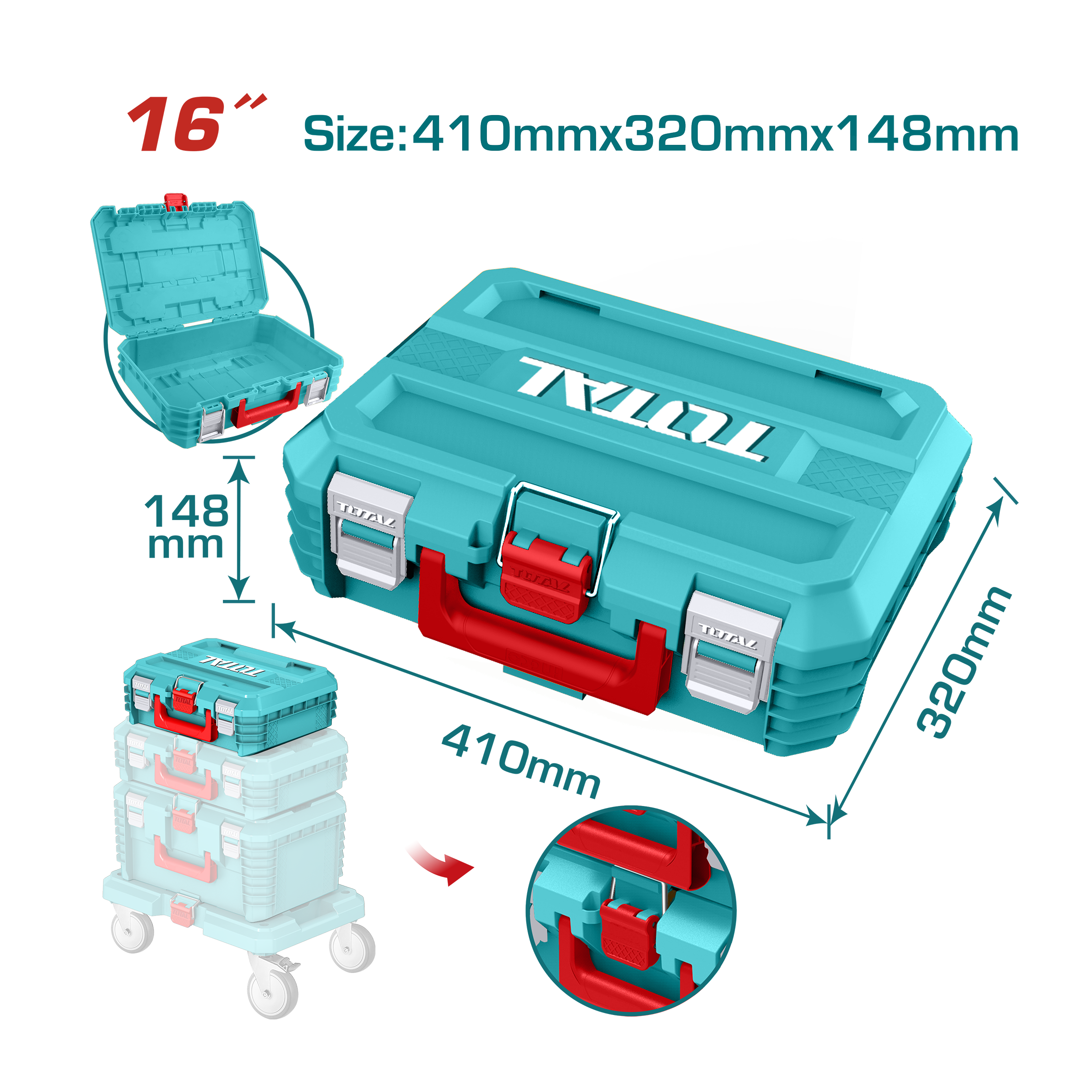 Total 16" Stackable Plastic Tool Box - 41cm x 32cm x 14.8cm - TPBXS101