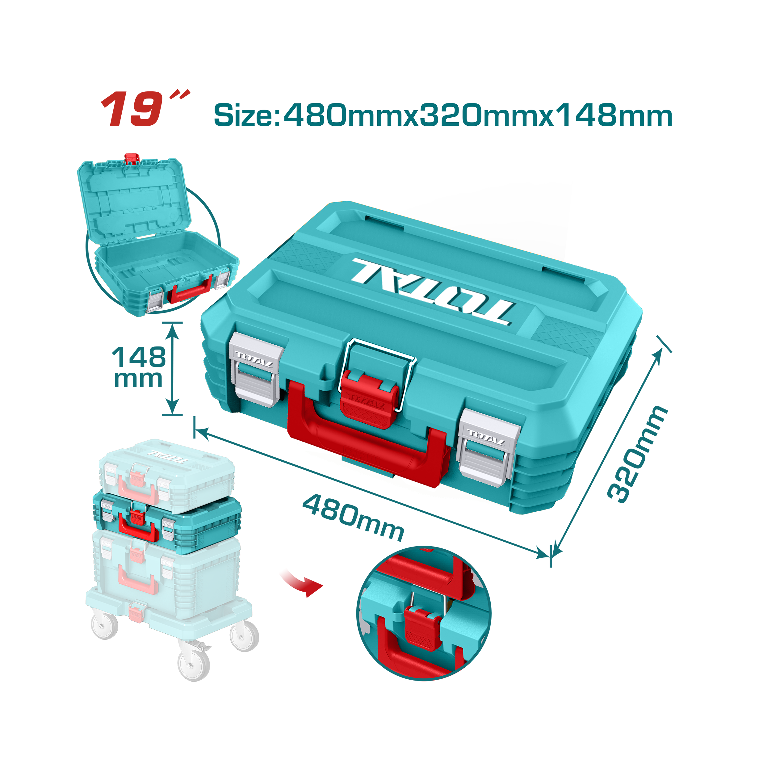 Total 19" Stackable Plastic Tool Box - 48cm x 32cm x 14.8cm - TPBXS102