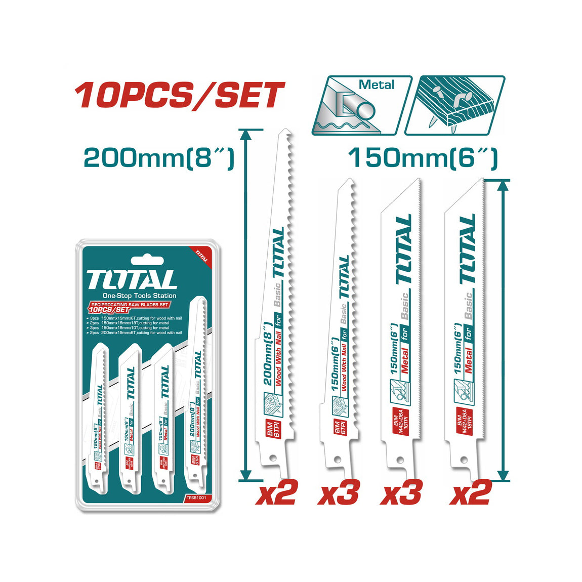 Total Reciprocating Saw Blade Set - 10pcs - TRSB1001