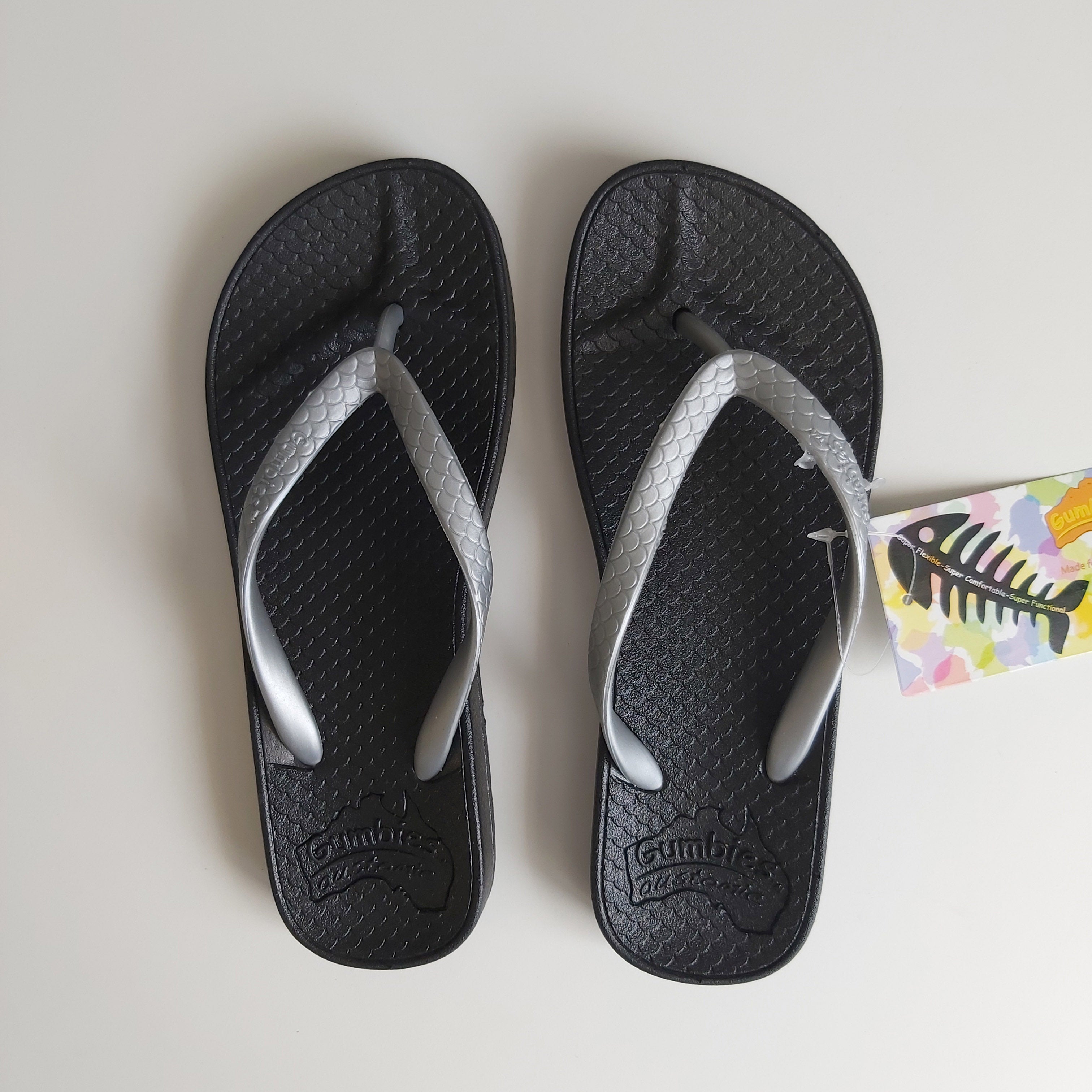 Gumbies Flip Flops -Black with Silver Strap UK Size 2/3