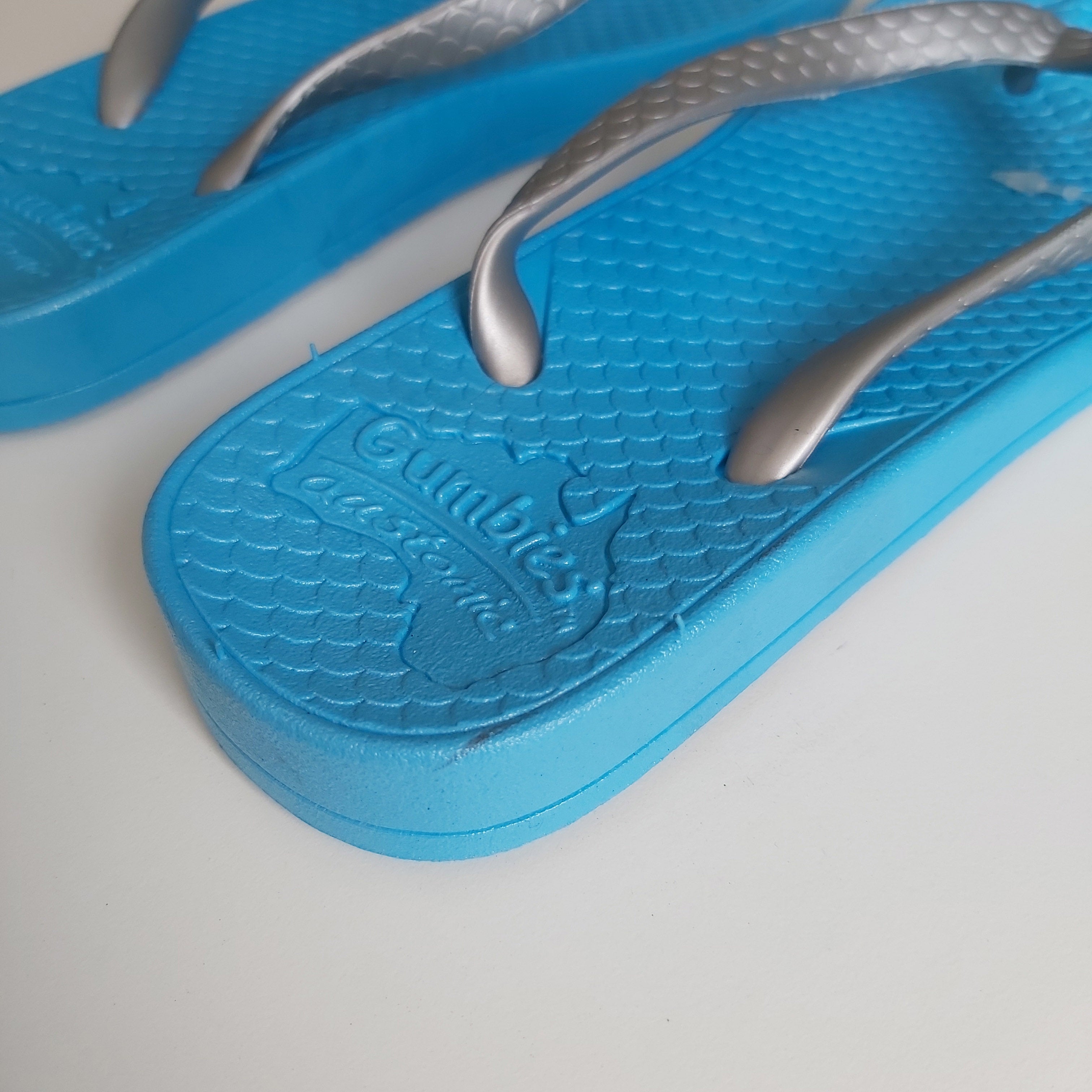 Gumbies Flip Flops - Aqua Blue with Silver Strap UK Size 2/3