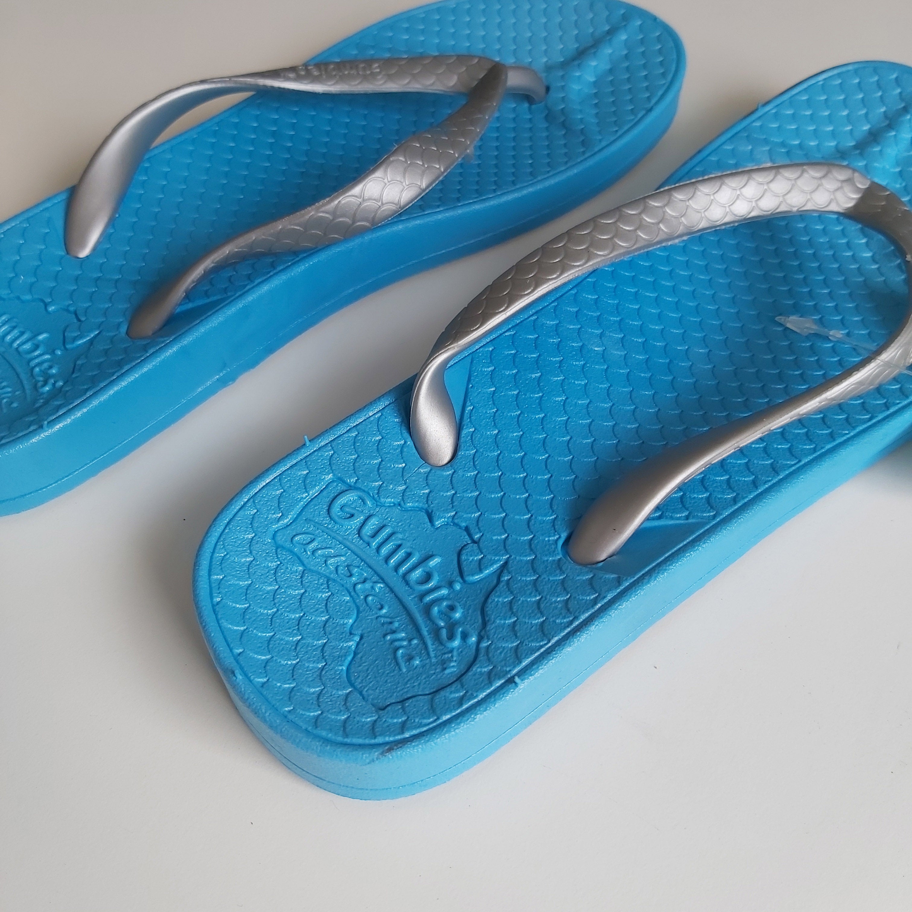 Gumbies Flip Flops - Aqua Blue with Silver Strap UK Size 2/3