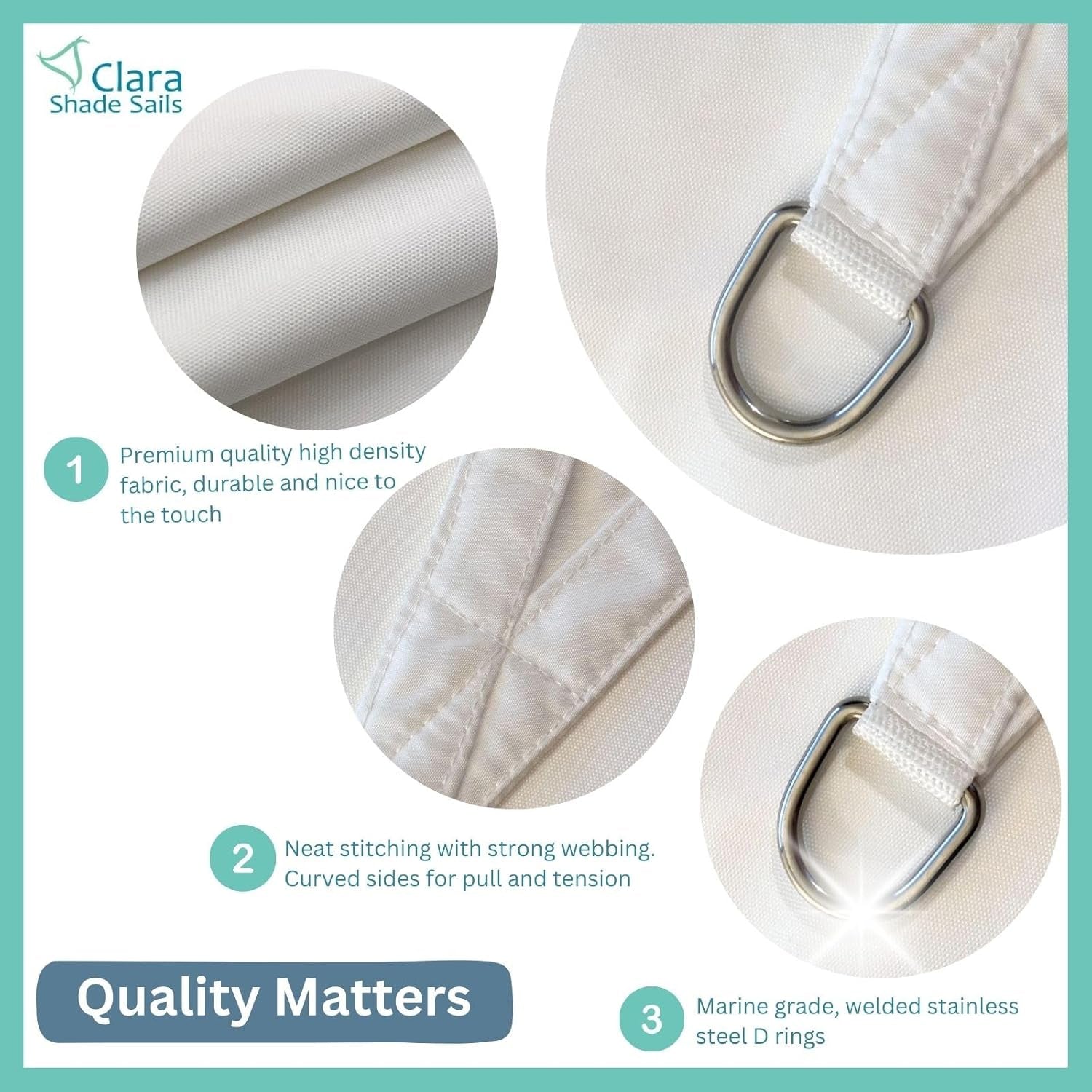 Clara - 3.6m Square Sun Shade Sail for Conservatory, Pergola, Patio, Gazebo, Tent, Garden Awning - White