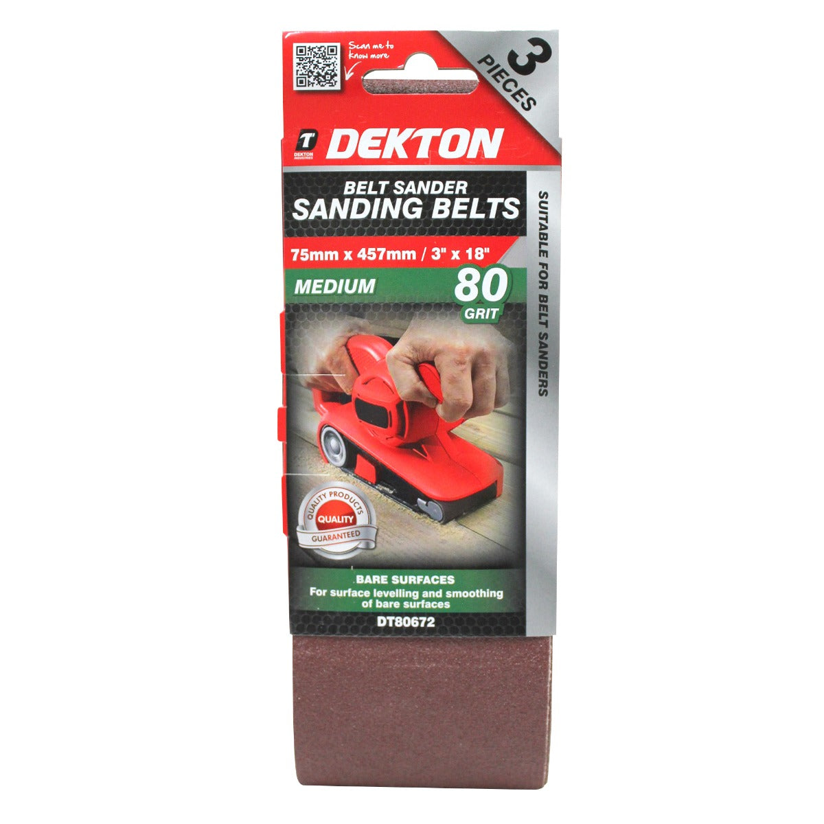 Dekton Belt Sander Sanding Belts 80 Grit 75 x 457mm Pack of 3