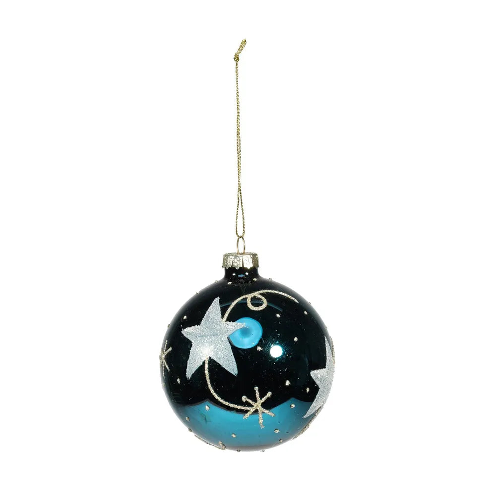 Midnight Blue Glass Baubles with Glittering Stars