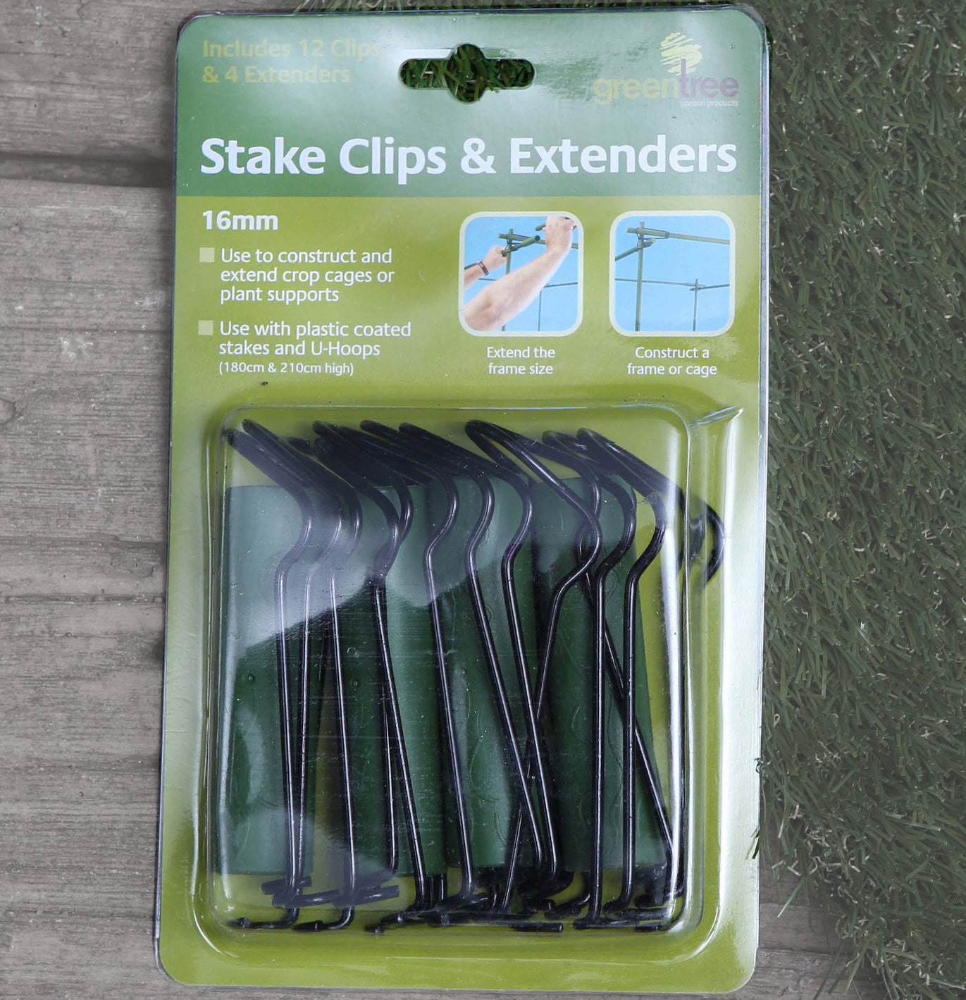 Green Tree Stake Clips & Extenders 16mm (12 clips & 4 extenders)
