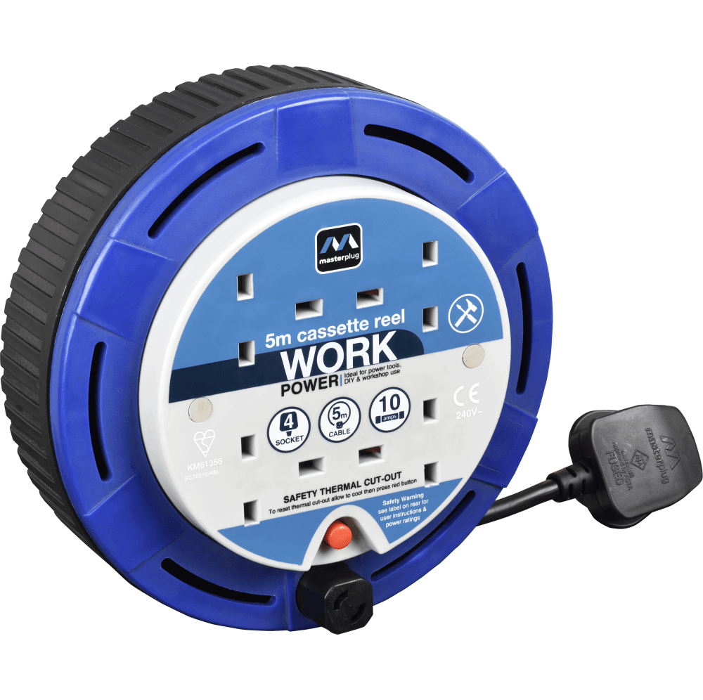 Masterplug  5m Cassette Reel with 4 Sockets Blue