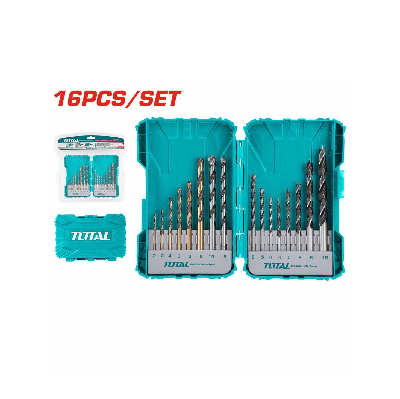 Total Metal, Concrete and Wood Drill Bits Set - 16pcs - TACSDL11601