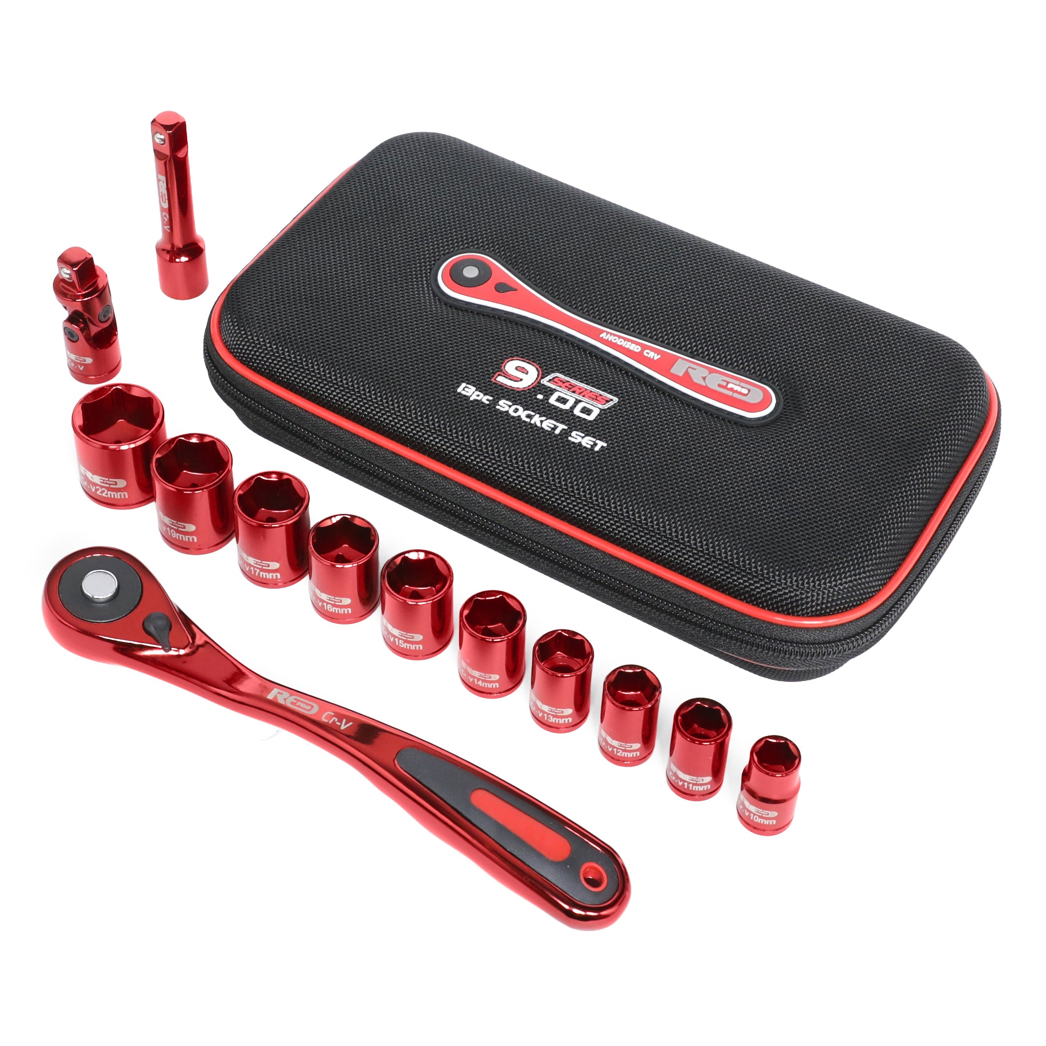 Red Pro Tools 13pc Socket Set 3/8