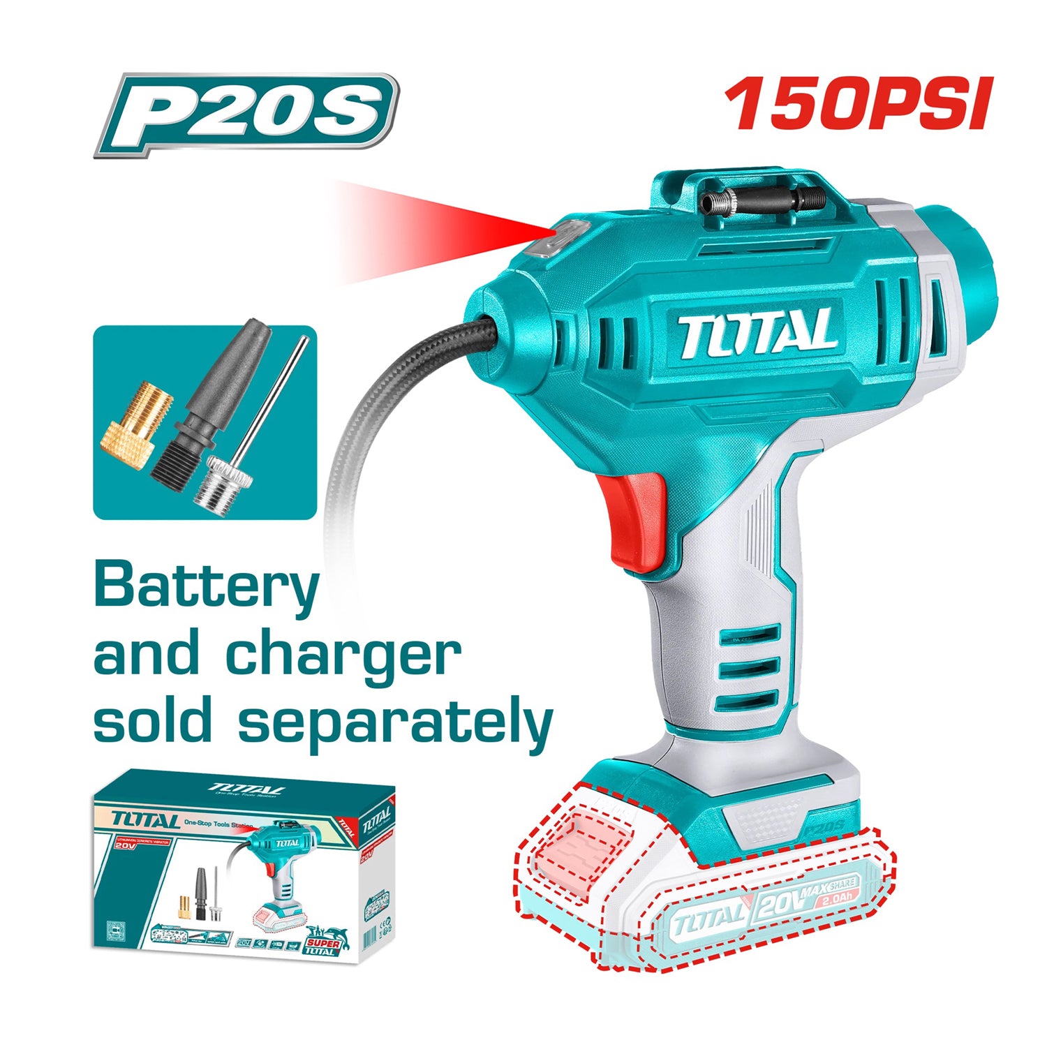 Total Li-Ion 20V Cordless Auto Air Compressor 150PSI (Battery not included) - TACLI2018E