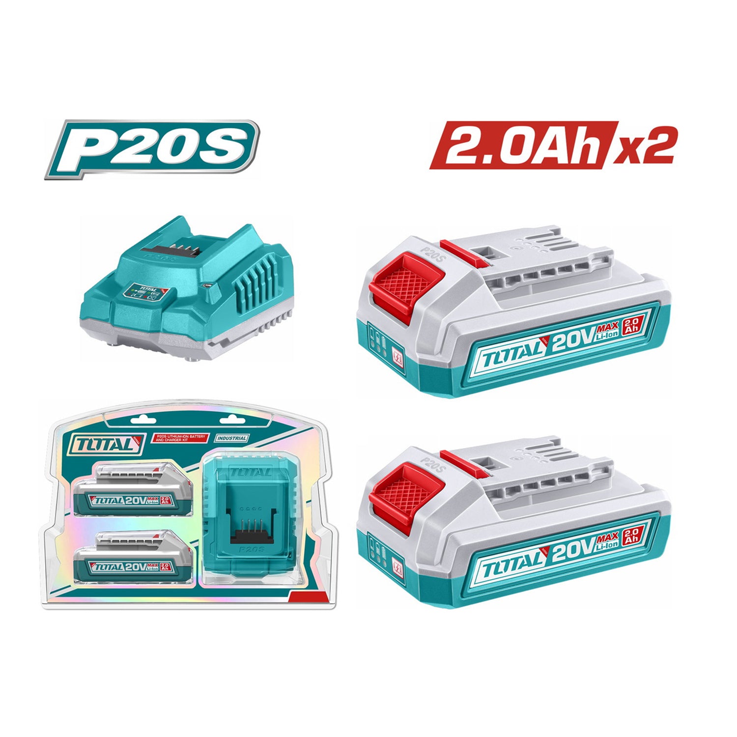 Total Li-Ion 20V - 2.0Ah Battery x2 & Charger Kit - TFBCPK2212E