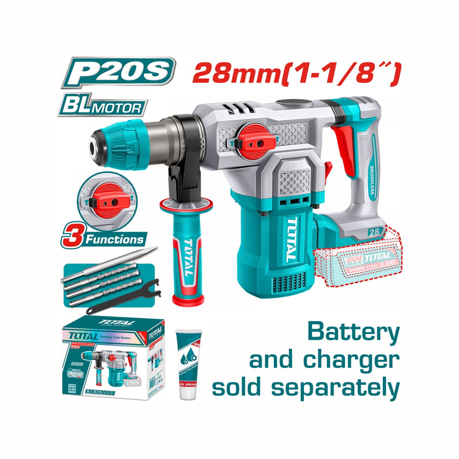 Total Li-Ion 20V Rotary Hammer SDS Plus (Battery not included) - TRHLI20286