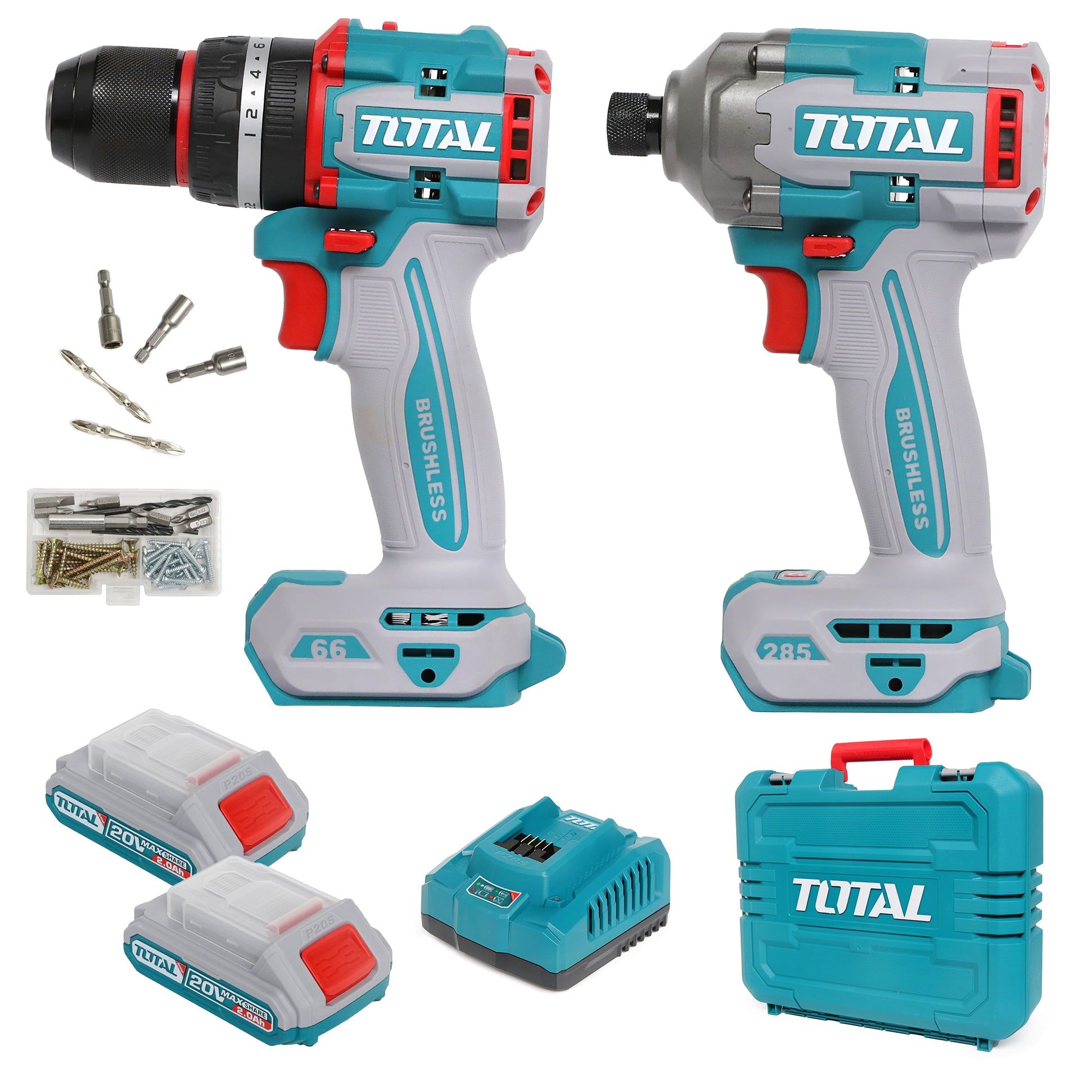 Total Li-Ion 20V Cordless 2pc Combo Kit (with 2 x Batteries & Charger) - TCKLI20277E