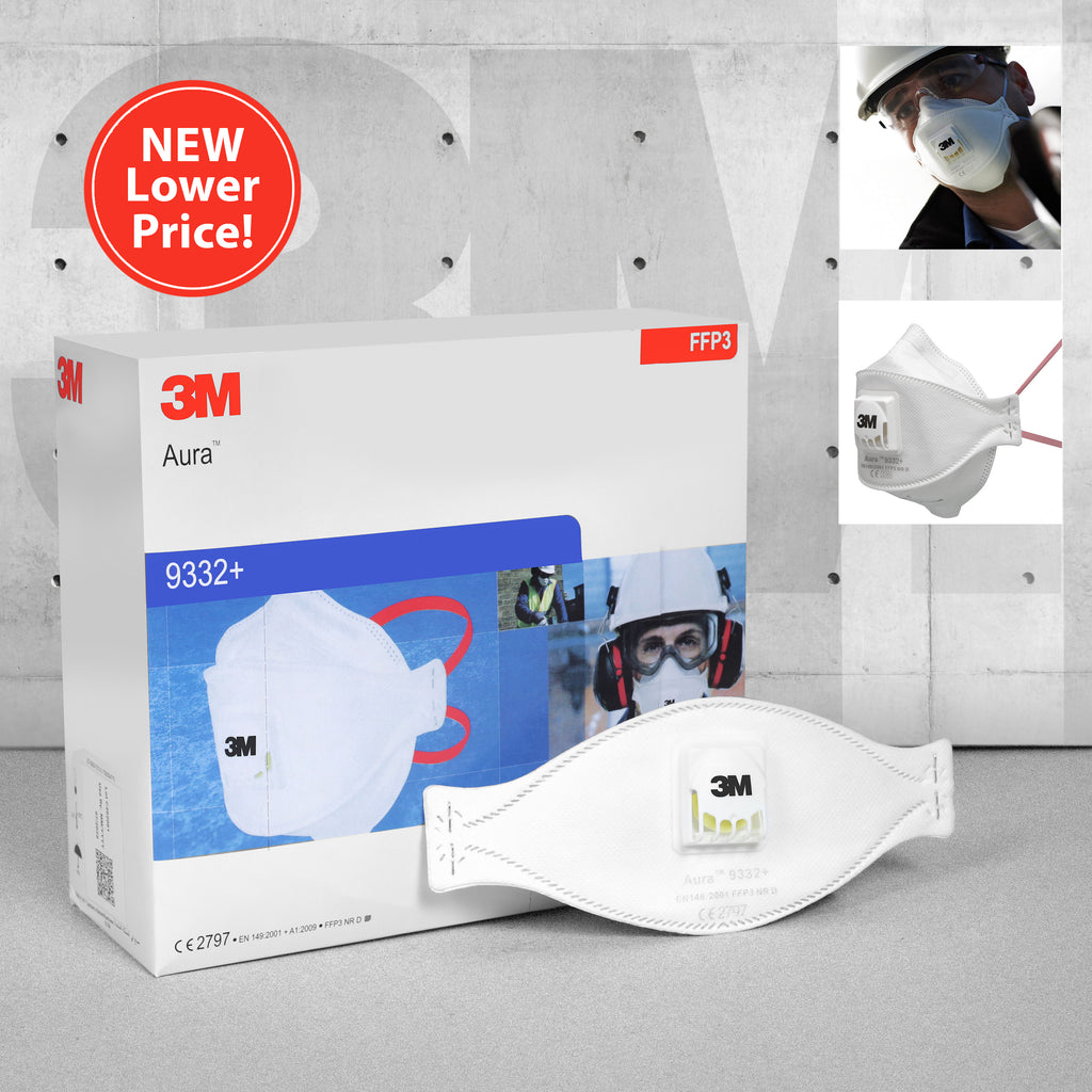 3M Aura 9332+ Valved Fold Flat FFP3 Dust Masks - Various Pack Sizes
