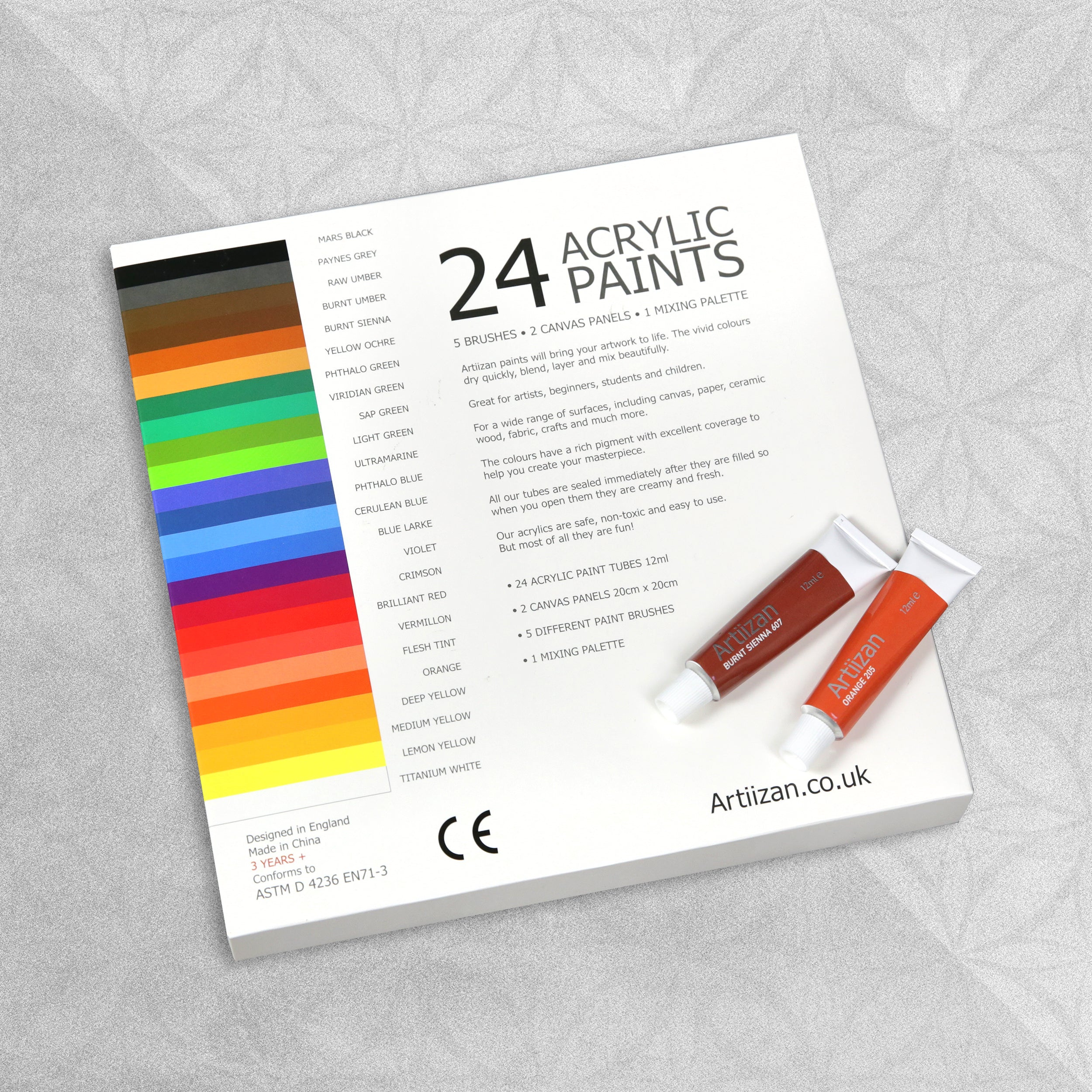 Artiizan Acrylic Paint Set - Pack of 24 12ml Tubes with Brushes, Canvas Panels & Mixing Palette