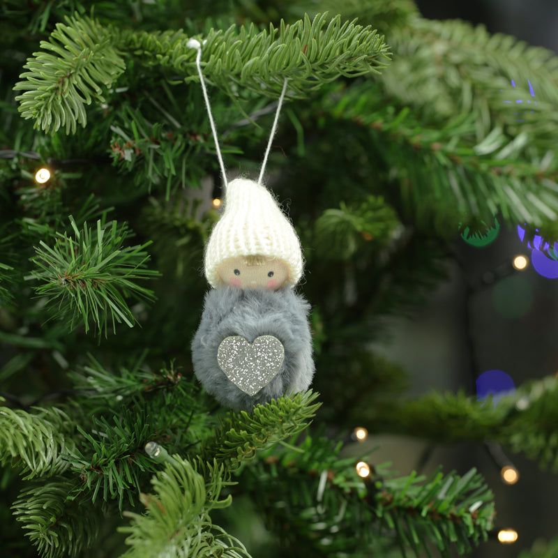 Fluffy Pom Pom Person with Silver Heart Hanging Decorations - Set of 2