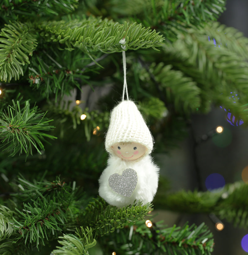 Fluffy Pom Pom Person with Silver Heart Hanging Decorations - Set of 2