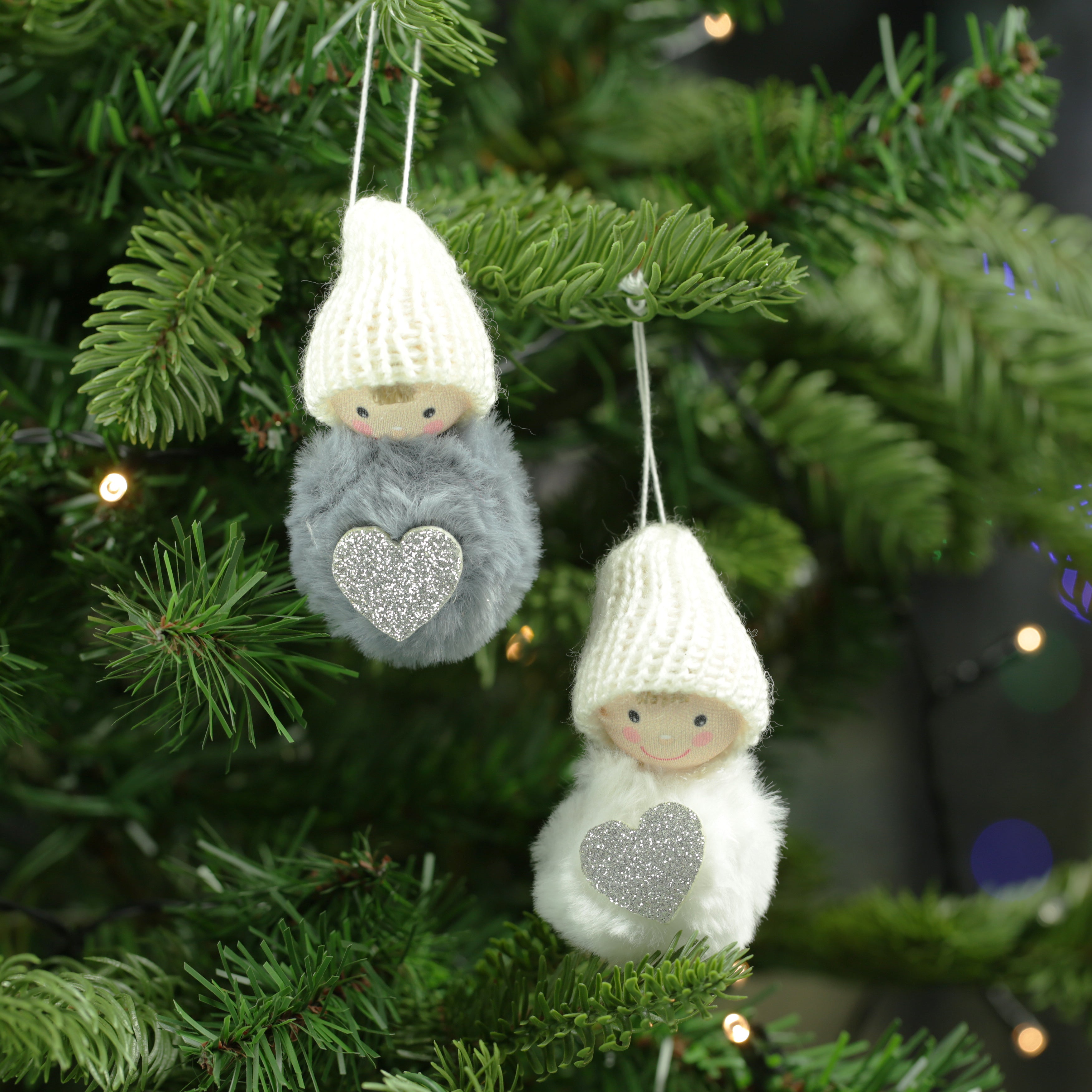 Fluffy Pom Pom Person with Silver Heart Hanging Decorations - Set of 2